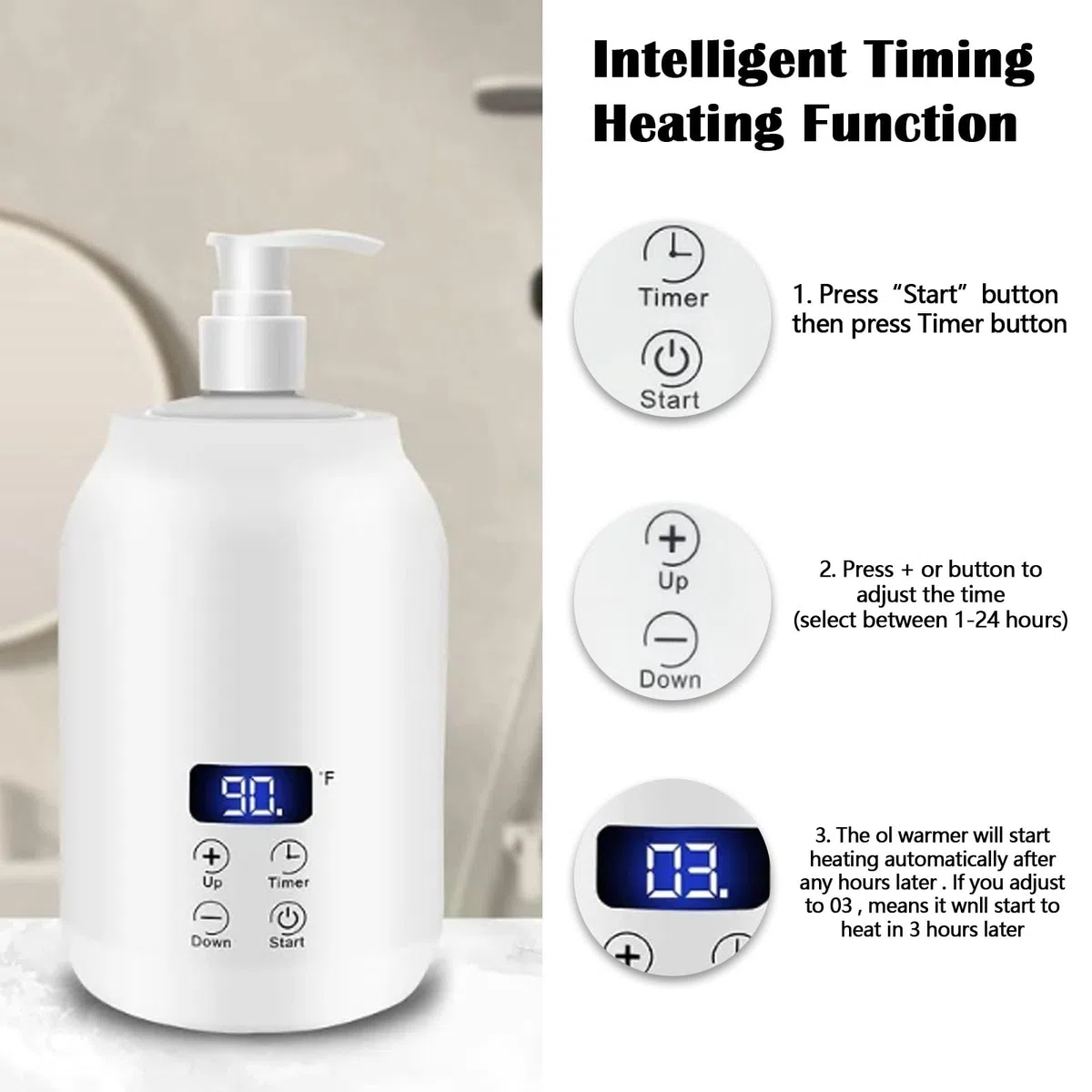 Calentador Aceite Masaje, Temperatura Ajustable 30-65 Grados Masaje de Bienestar Juego de Aceite de Masaje con 2 Botellas Internas de Plástico para Aceites Esenciales Masaje de Espalda