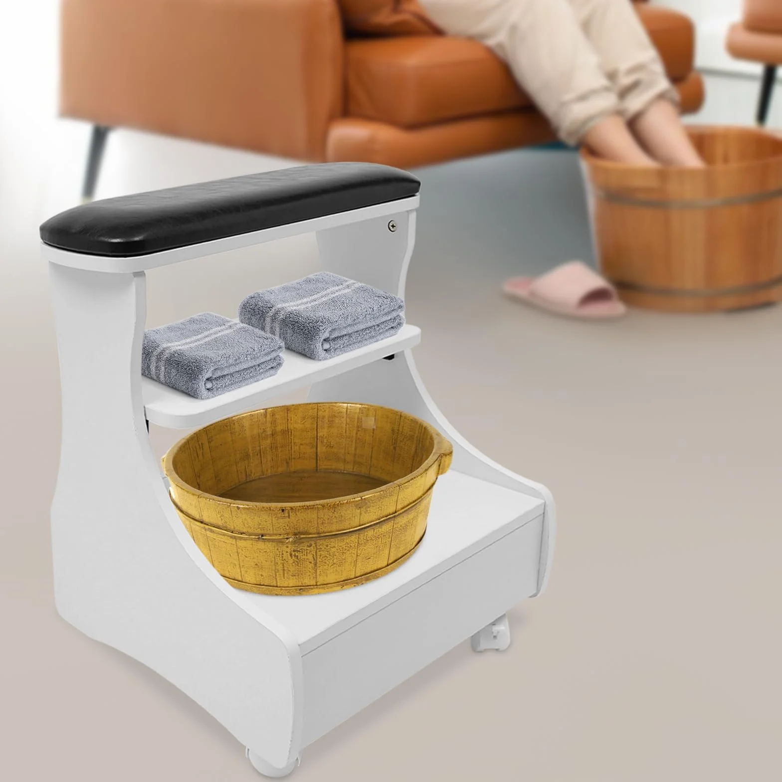 Taburete Reposapiés Pedicura Manicura Salón Belleza Uñas Negro
