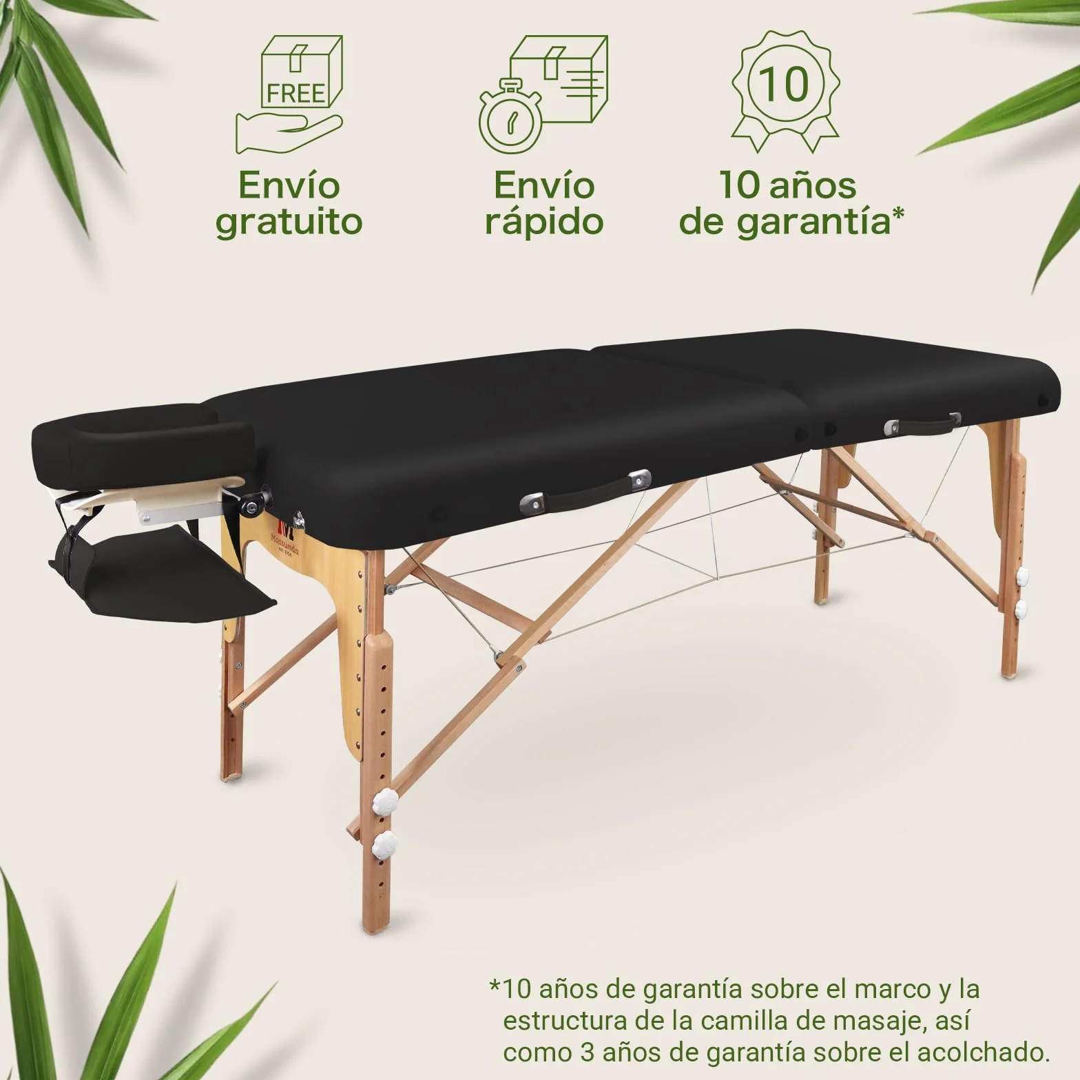 MASSUNDA Camilla Masaje Móvil Confort Deluxe Regulable en Altura Madera Maciza con Reposacabezas Ergonómico Negro