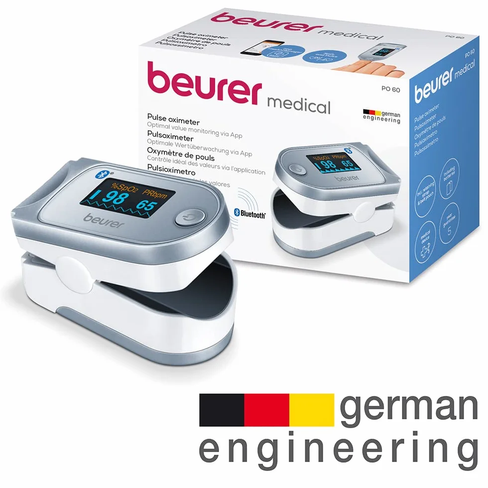 Beurer PO 60 Pulsioxímetro con Bluetooth, Oxímetro con Bluetooth, determinación de la saturación arterial de oxígeno en sangre, medición indolora y pantalla a color de fácil lectura
