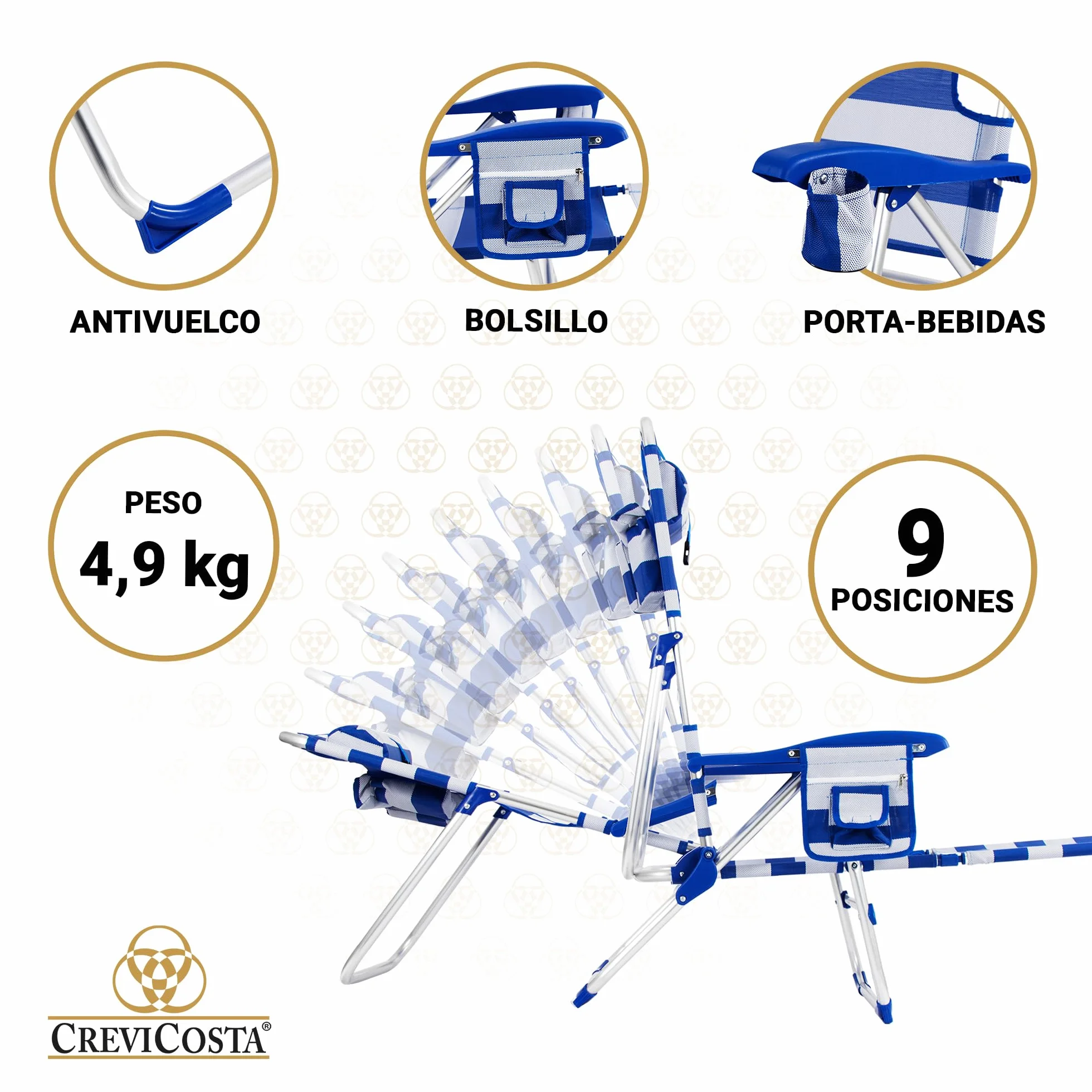 CREVICOSTA Silla de Playa Tipo Masaje 9 Posiciones Plegable Abatible con Reposabrazos