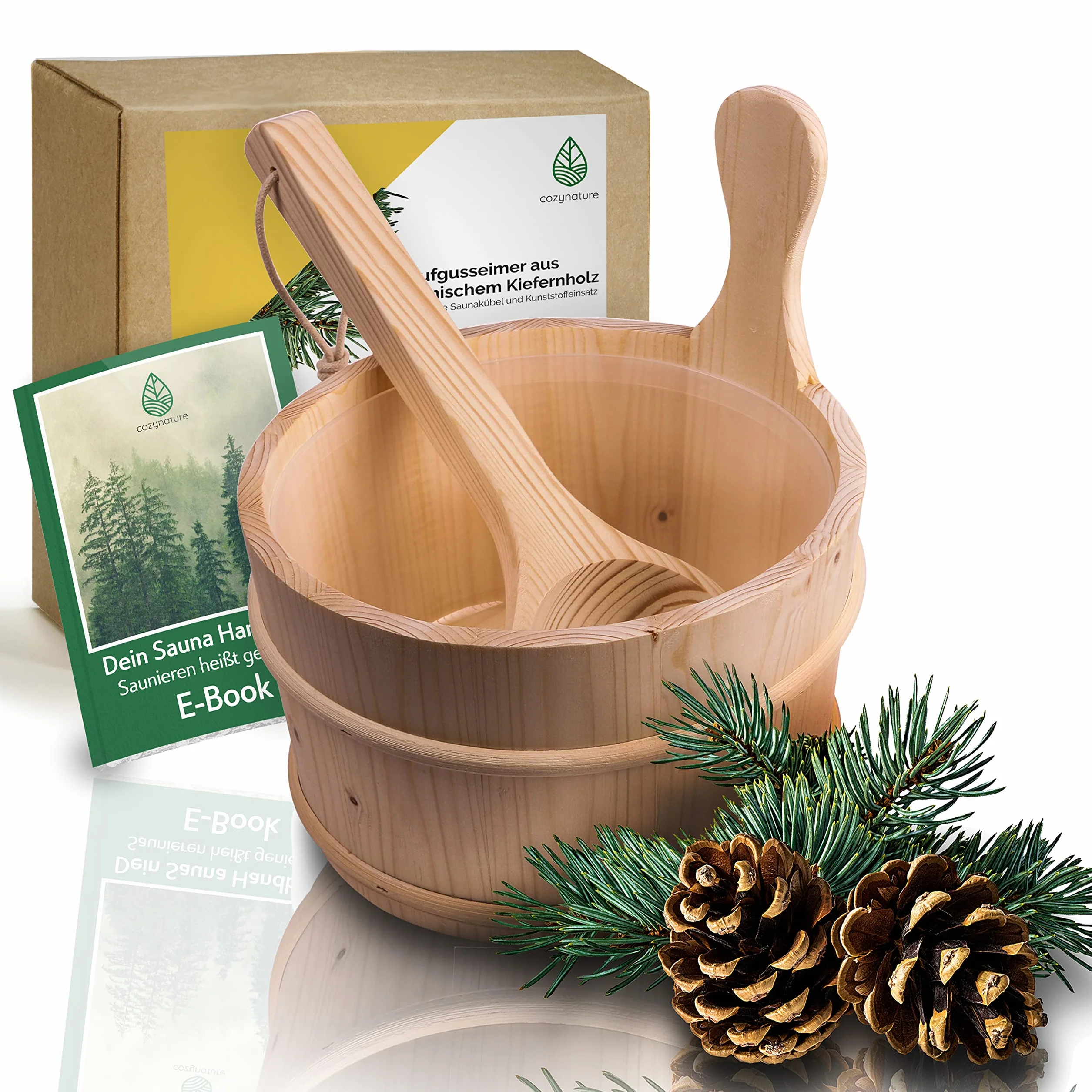 CozyNature Sauna Bucket con cucharón de madera de pino finlandés, incluyendo la tapa de plástico - 4 litros (cubo de sauna + cucharón + tapa de plástico)