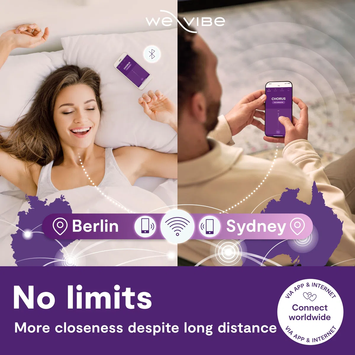 We-Vibe Chorus vibrador con sistema de manos libres para parejas, con mando a distancia, ajuste regulable, compatible con la aplicación We-Connect - morado