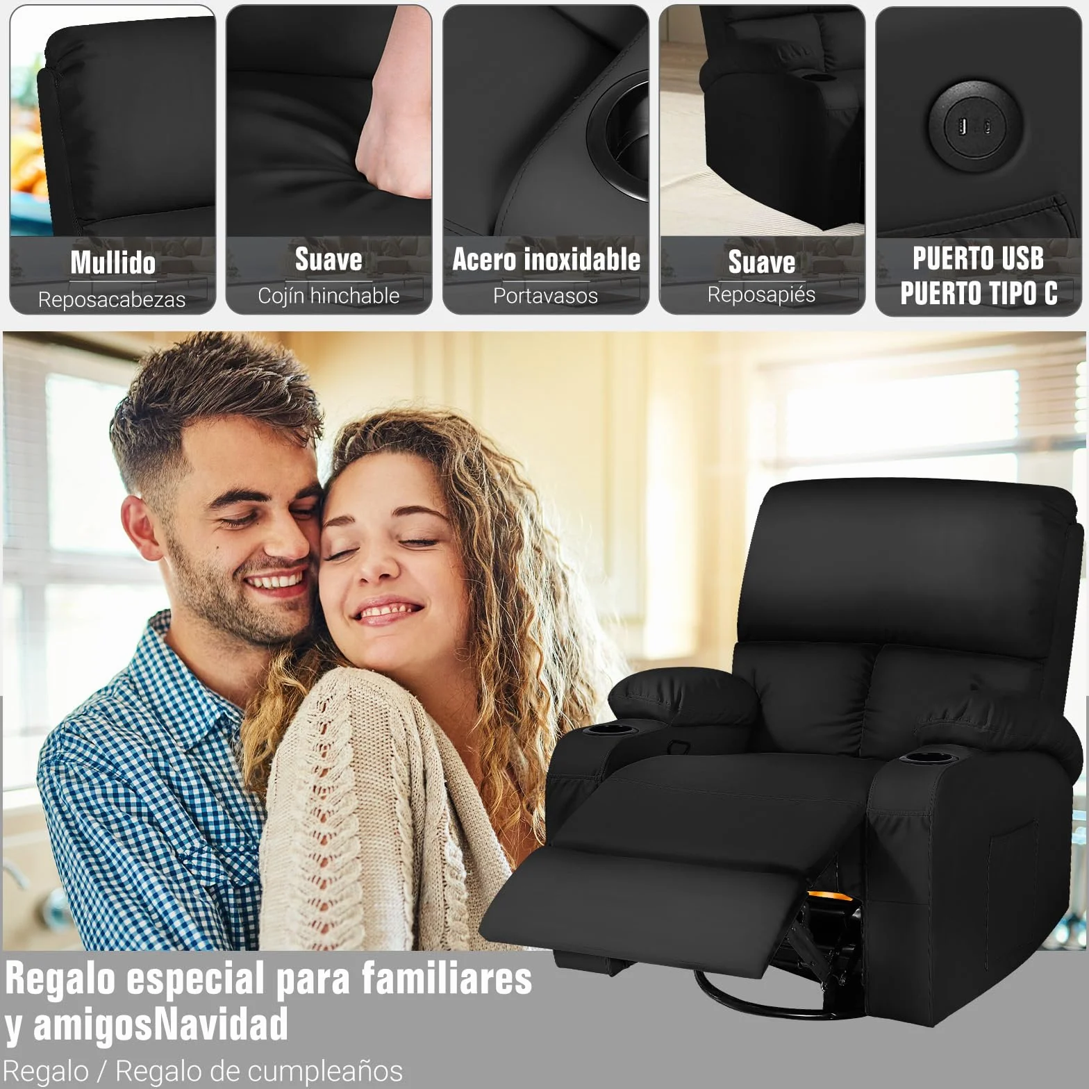 Sillón de Masaje Reclinable Rocking con Vibración y Calor, USB y Tipo C, Piel Sintética, Giratorio 360°, Negro