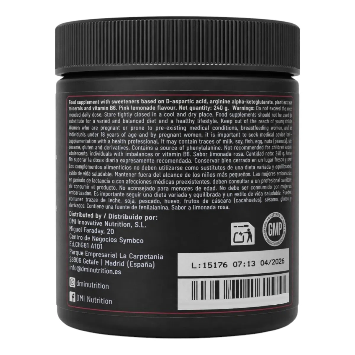 DMI INNOVATIVE NUTRITION Anabol Testo Booster Limonada Rosa 240g Potenciador Natural Testosterona Ácido D-Aspártico Tribulus Maca Ashwagandha KSM-66 Zinc BioPerine Sin Azúcar
