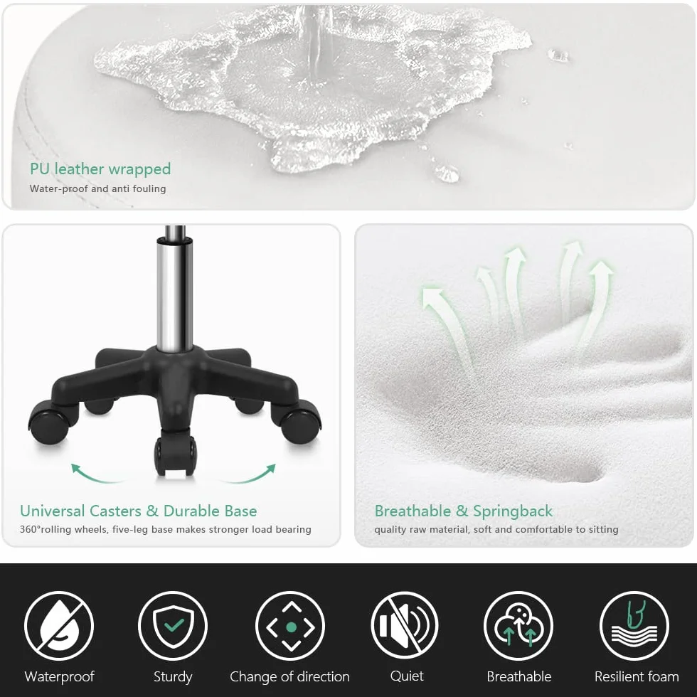 FURWOO Taburete Giratorio de Altura Ajustable con Ruedas Blanco para Masajes de Salón SPA