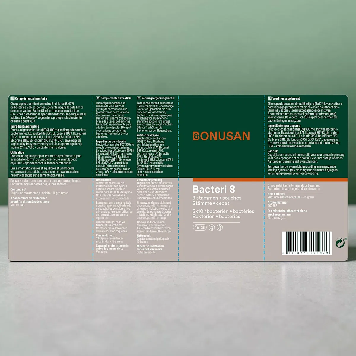 Bonusan Bacteri 8 de 28 Cápsulas - Complejo Probiótico de Amplio Espectro con 8 Cepas Bacterianas Seleccionadas - 5.000 Millones de Bacterias por Cápsula - Salud de la Flora Intestinal y Digestión
