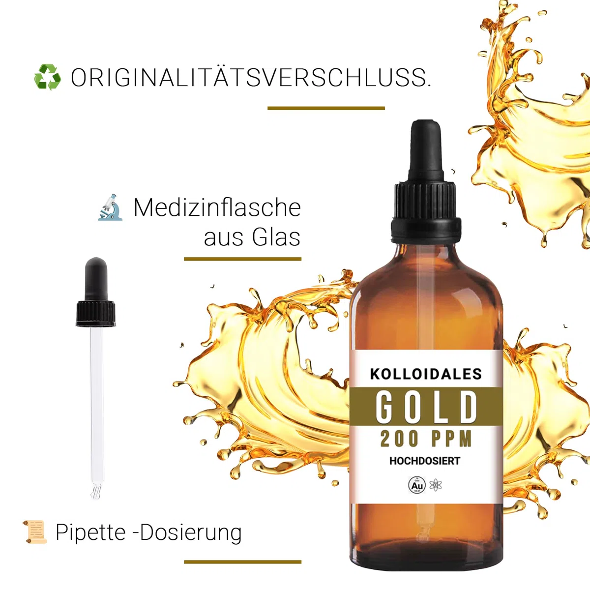 Oro coloidal de 200 ppm (100 ml) – Dispersión premium en vidrio marrón farmacéutico con pipeta de precisión – Tecnología de partículas finas, materiales certificados – Manna Colloidal Gold