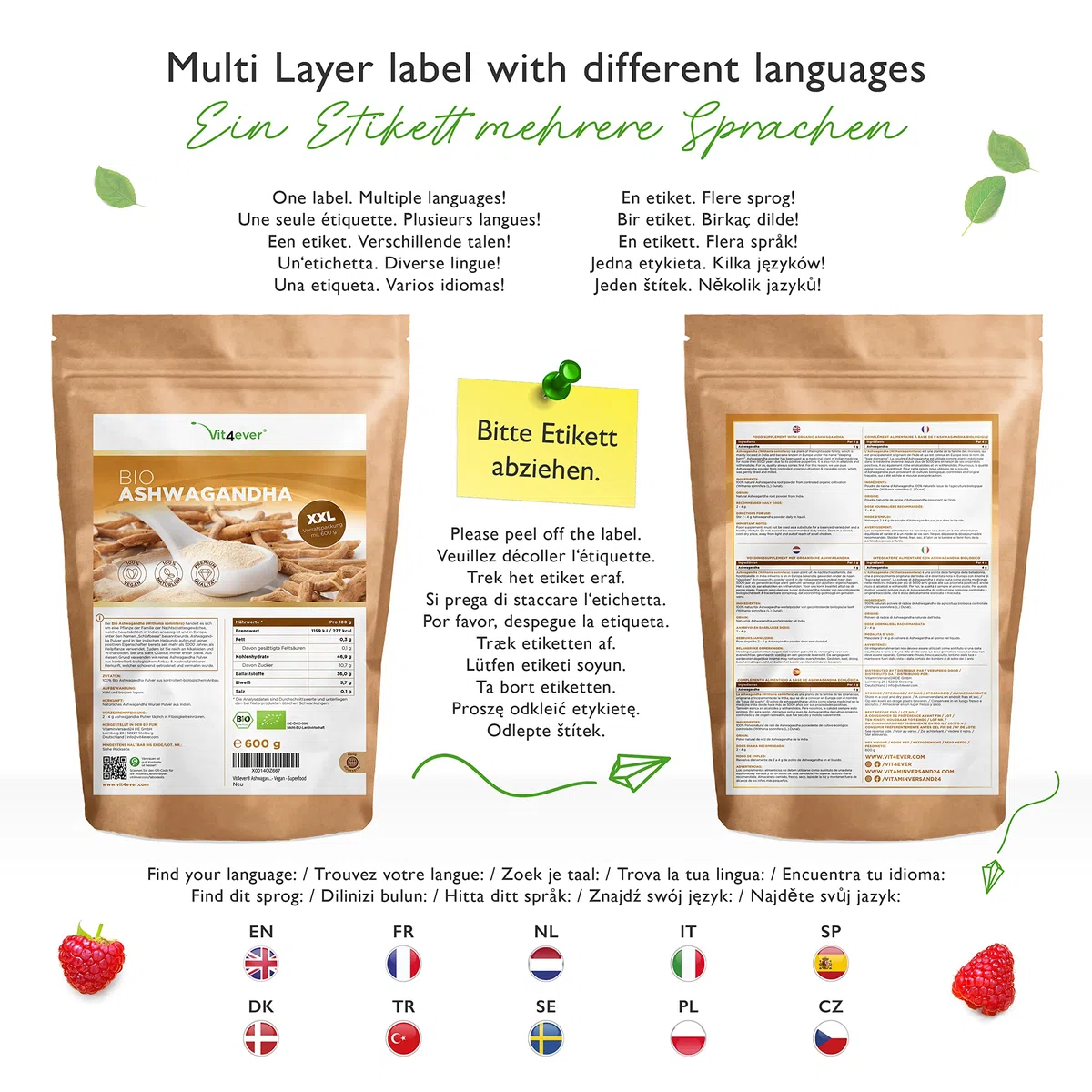Raíz de Ashwagandha orgánica en polvo 600g - 100% genuina Ashwagandha india (Withania Somnifera) de cultivo orgánico controlado - Vegano