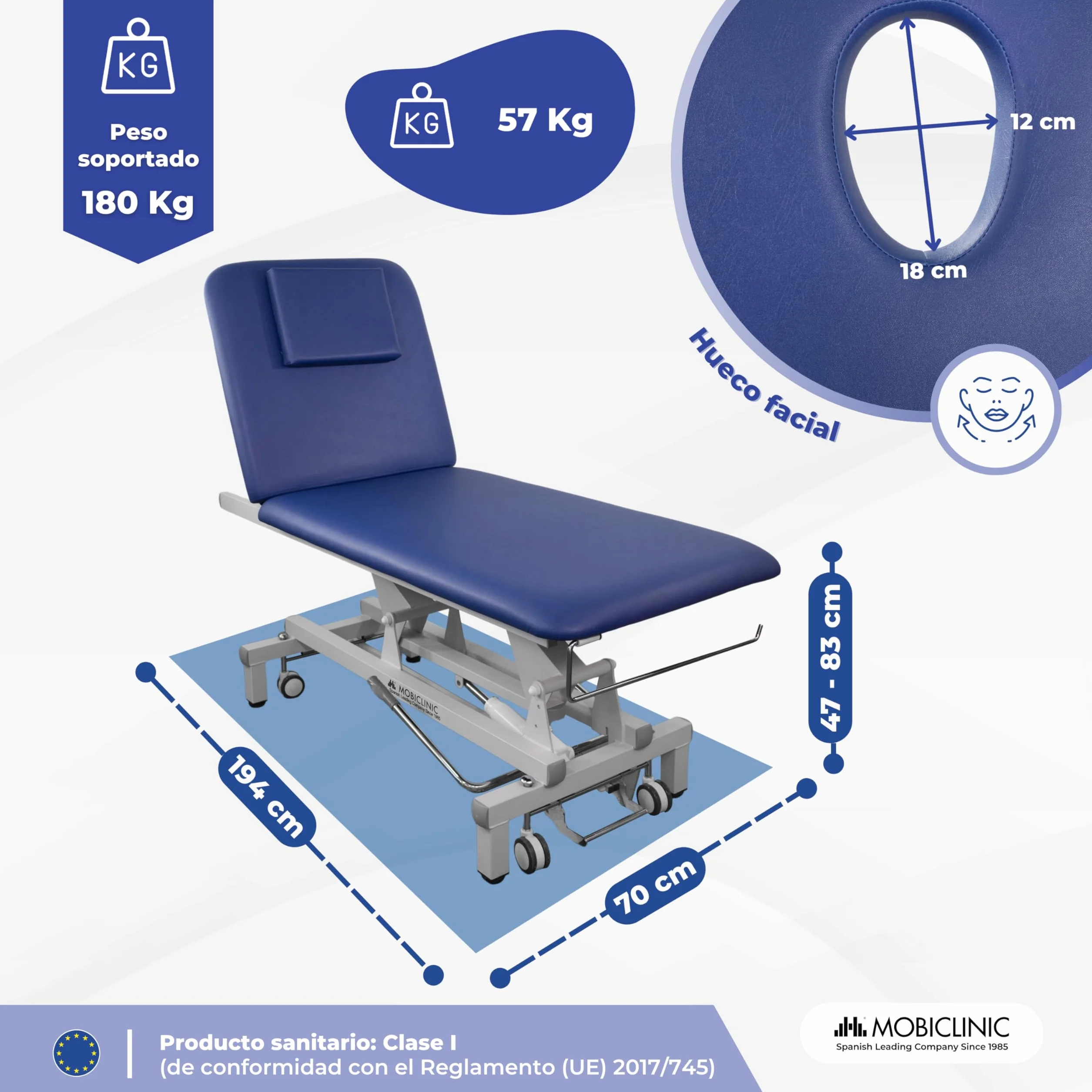 Mobiclinic® Camilla Hidráulica Dos Cuerpos Ajustable en Altura 180 Kg Respaldo Reclinable 194x70x83 cm Ruedas Escamoteables Masaje Estética