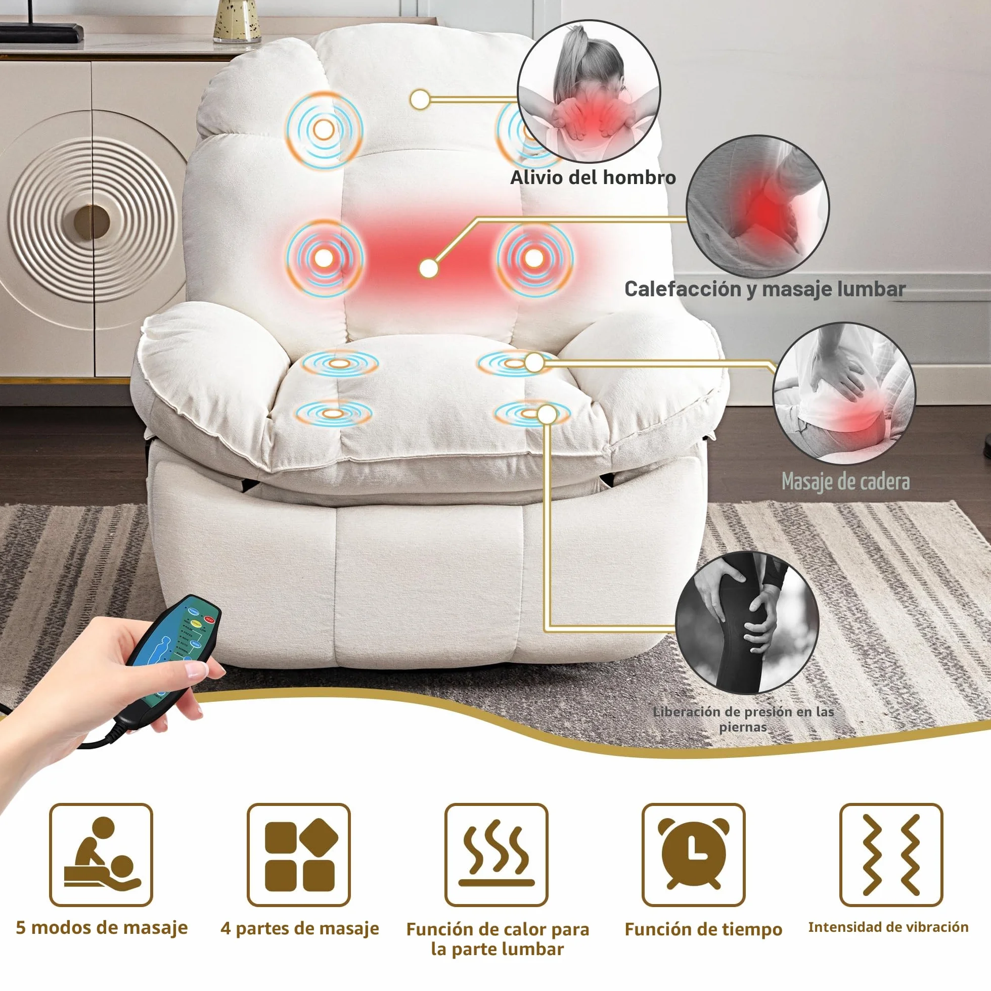 Sillón Relax Reclinable Eléctrico con Calefacción y Puertos USB-C, Blanco