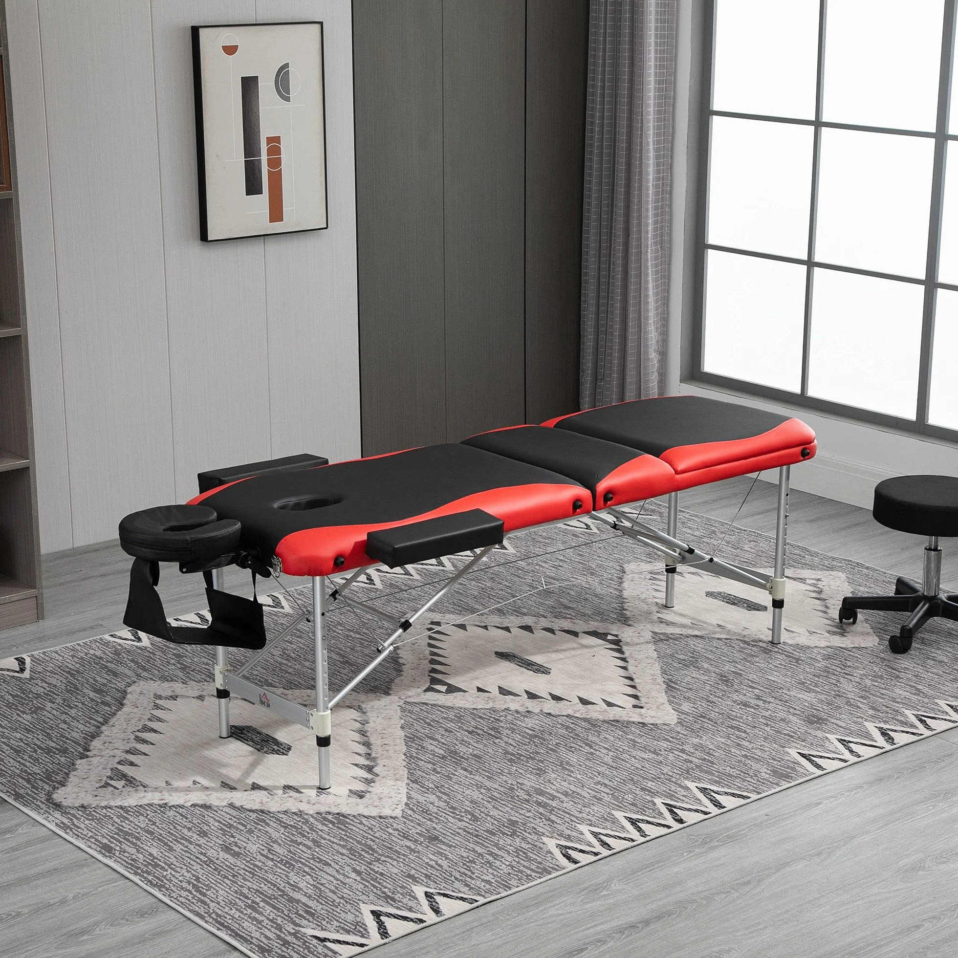 HOMCOM Camilla Masaje Plegable Aluminio Altura Ajustable 3 Zonas Tatuaje Fisioterapia Negro Rojo
