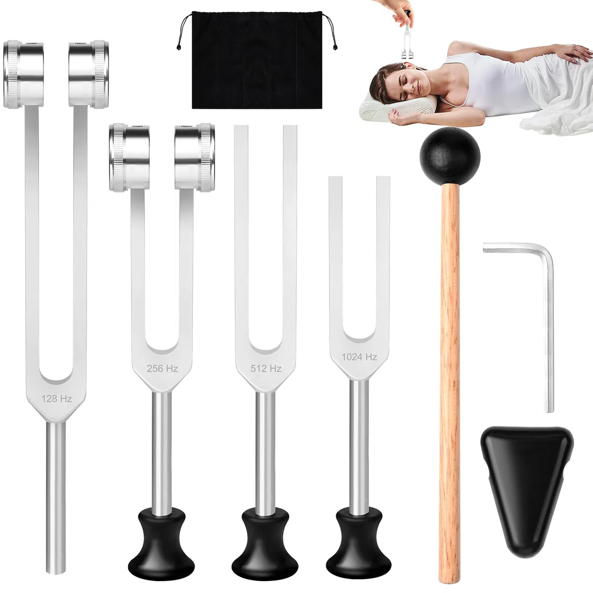 Diapasón, Diapasones Terapéuticos de Aleación de Aluminio(128Hz/256Hz/512Hz/1024Hz) Diapason Musical con Martillo de Silicona y Herramienta de Reparación para Sonido Curación ADN RelajacióN