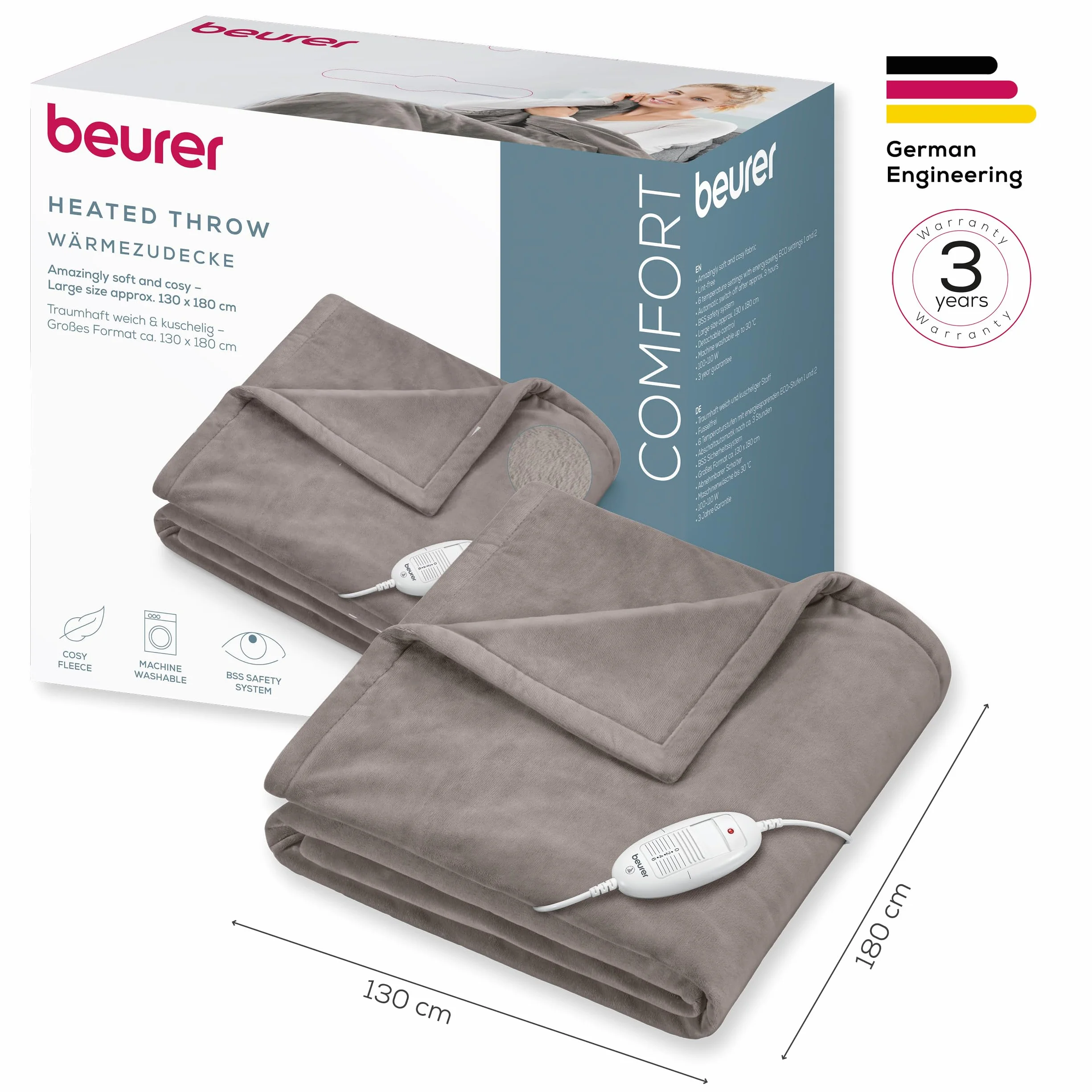 Beurer HD 75 Manta eléctrica, acogedora manta térmica con 6 ajustes de temperatura, sistema de seguridad y desconexión automática, lavable a máquina, color topo, 180 x 130 cm