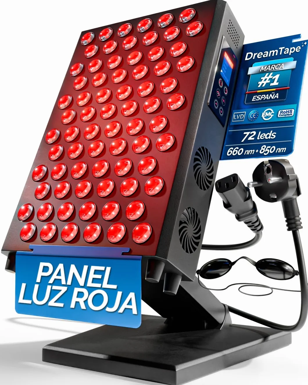 DreamTape® Panel Luz Roja Infrarroja 660nm 850nm - Terapia de Luz LED Profesional con 72 LEDs - Red Light Therapy Panel para Recuperación Muscular, Piel y Bienestar - Lámpara Fotobiomodulación
