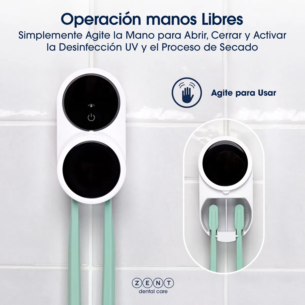 ZENT Esterilizador Cepillo Dientes - Desinfección Doble UV-C y UV-A - Higienizador Cepillo Dientes - Montaje Sin Taladro - Esterilización Automática con Batería 50 Días - Pantalla HD