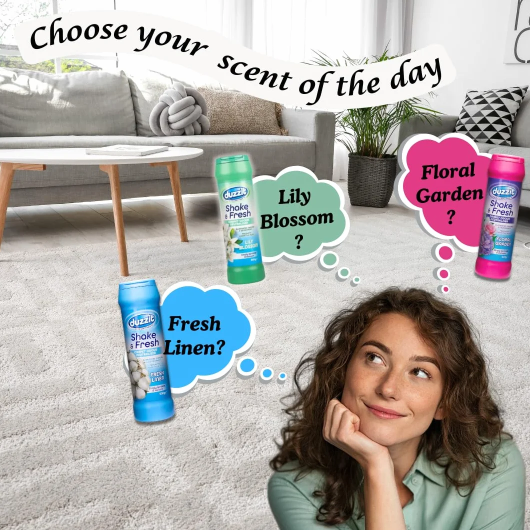 Shake & Fresh - Ambientador y neutralizador de olores para alfombras, juego de 3 aromas surtidos (lino fresco, flor de lirio, jardín floral), 500 g cada uno, desodorante en polvo para alfombras Great