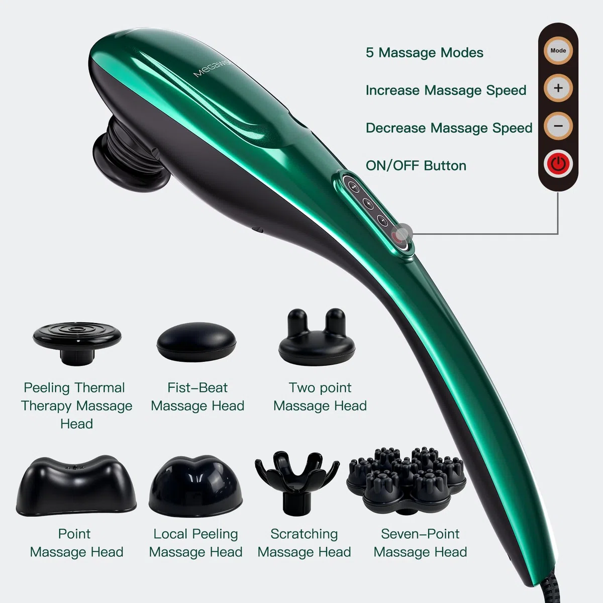 Masajeador de espalda de mano | Masaje de percusión de tejido profundo para espalda, cuello, hombros, cintura y piernas (verde oscuro)
