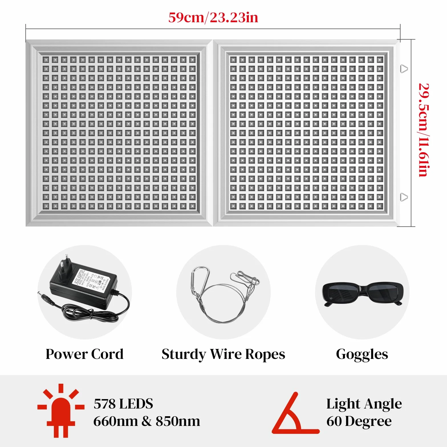 Lámpara de Luz Roja, Lámpara Infrarroja Combinada 660 nm y 850 nm, Panel de Luz Roja con 578 LED y Temporizador, para Cara, Cuerpo, Músculos y Espalda