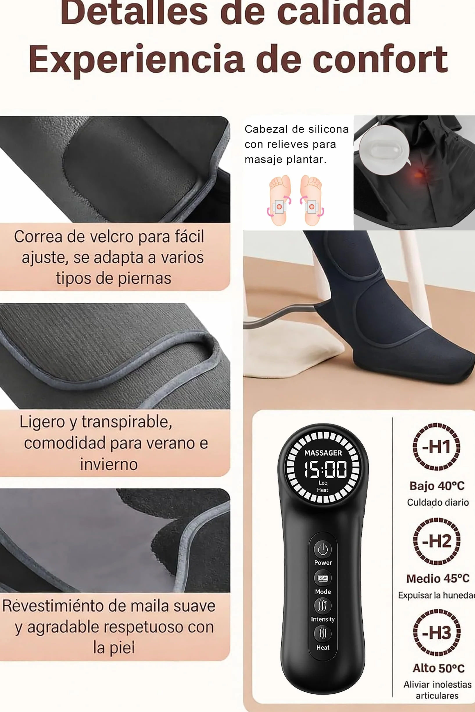Masajeador de Piernas con Compresión de Aire, Calor y 3 Modos Inteligentes, 5 Niveles, Presoterapia