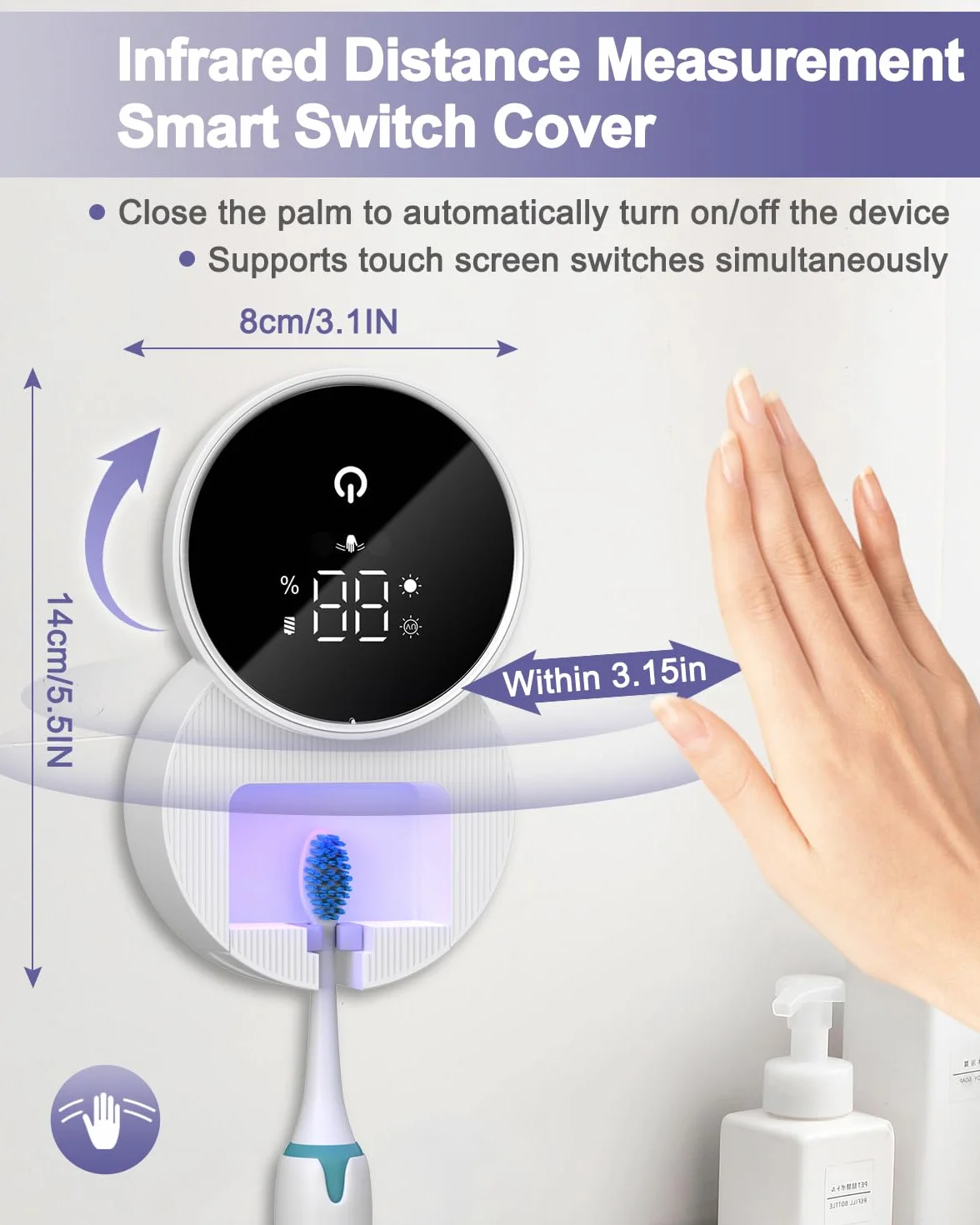 Desinfectante y soporte para cepillos de dientes UV, desinfectante para cepillo de dientes montado en la pared con función de esterilización y secado, pantalla inteligente LED, cubierta autoinductiva