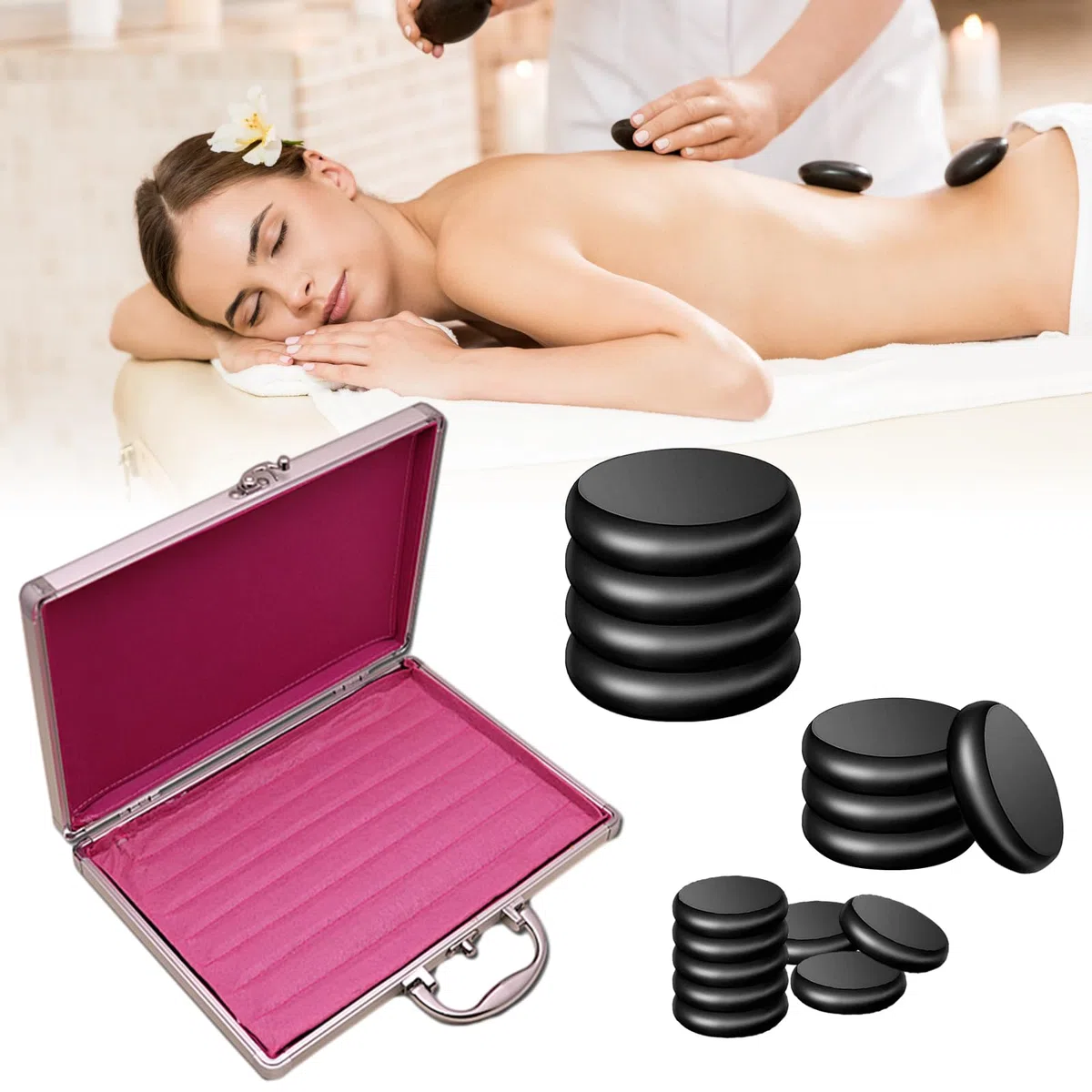 Hot Stone Massage Set, Kit de masaje con piedras calientes, dispositivo de calor con piedras calientes, piedras de masaje calientes hechas de basalto, para masajes, relajación, SPA(16 Stones)