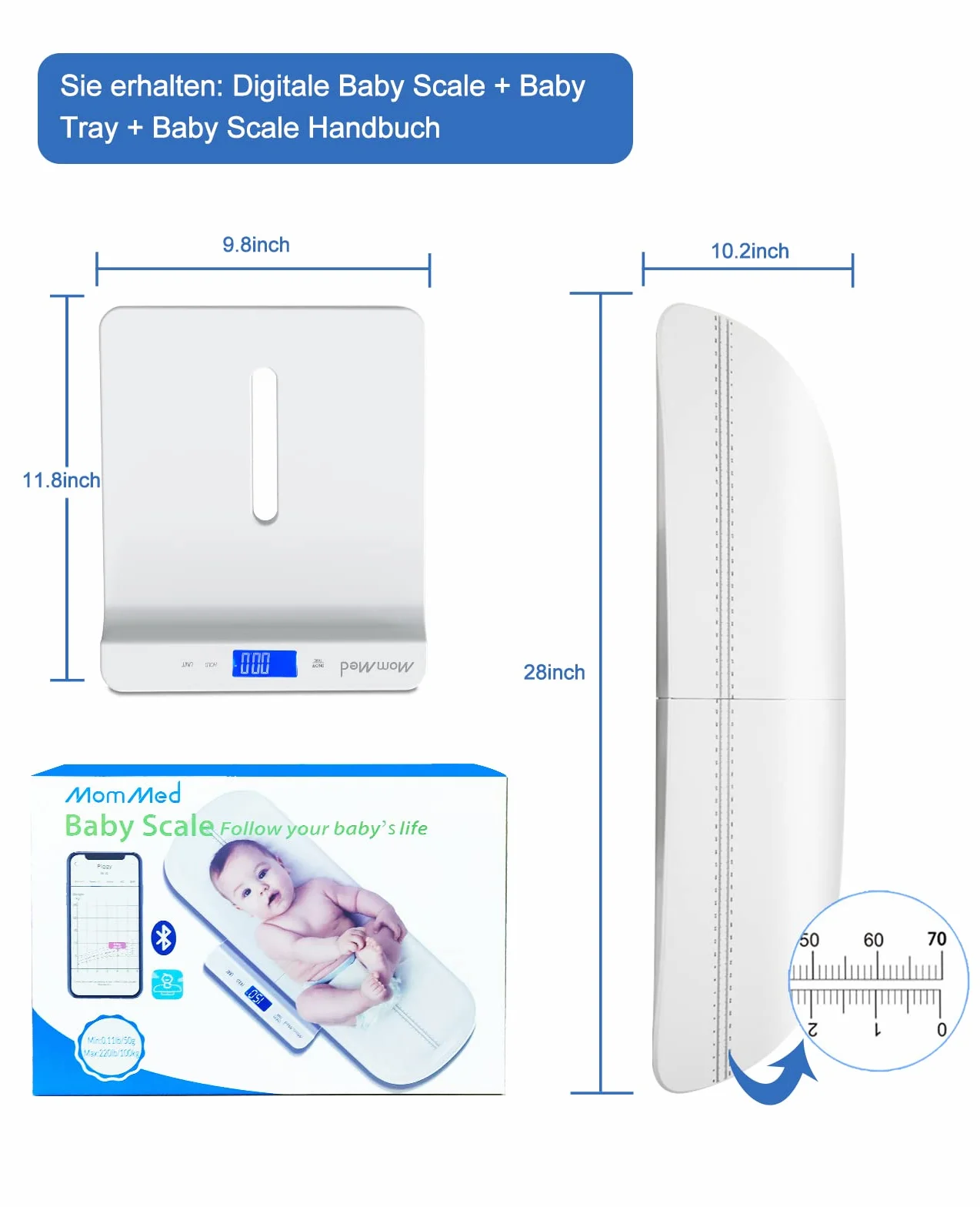 Báscula digital para bebé Bluetooth con aplicación Baby Fit, peso en libras y onzas, multifunción para mascotas y niños