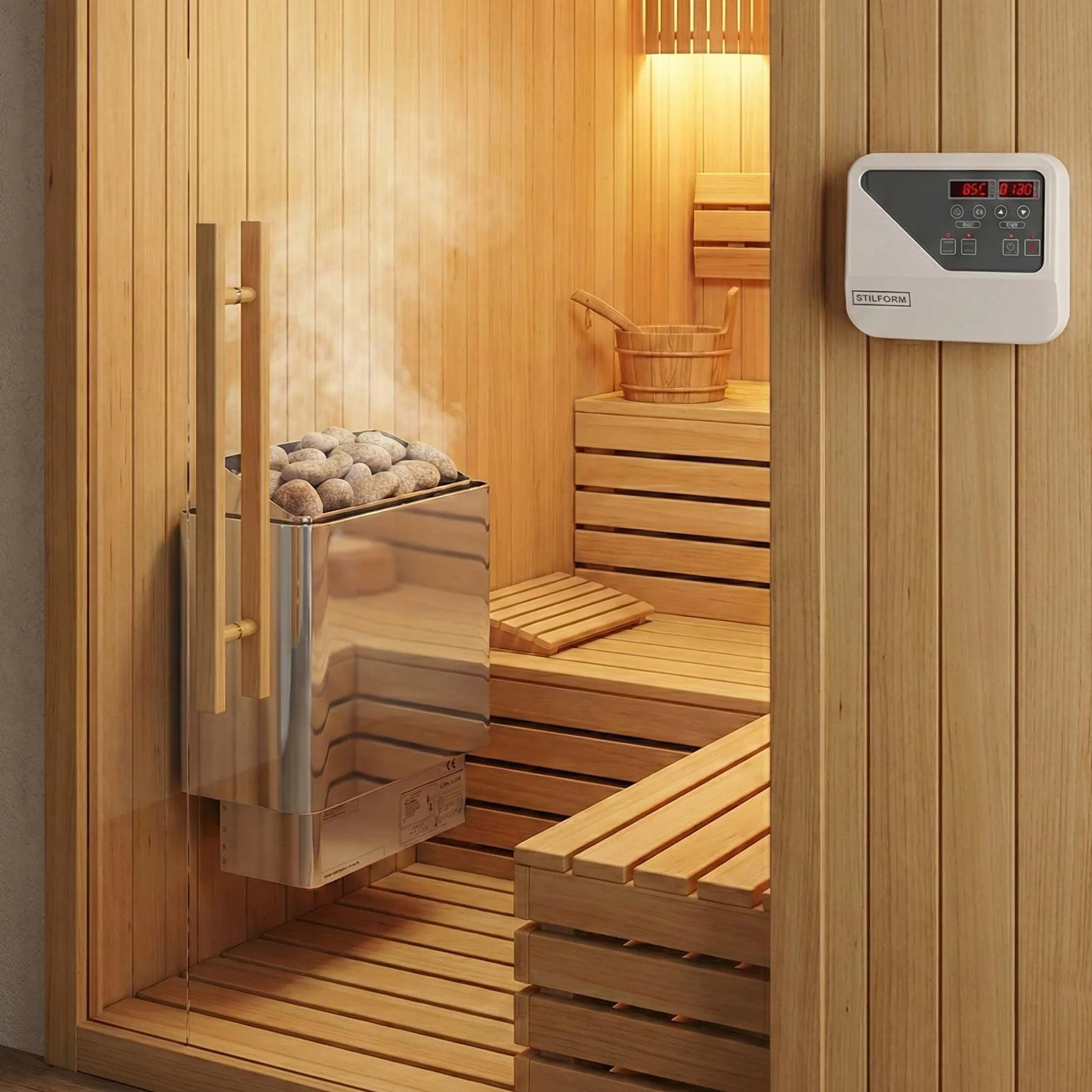 Estufa para sauna Thermolux de 4,5 kW con control táctil, sin piedras de sauna, calentador de sauna eléctrico finlandés Gunmetal, dispositivo de calentamiento de sauna eléctrico, juego de sauna