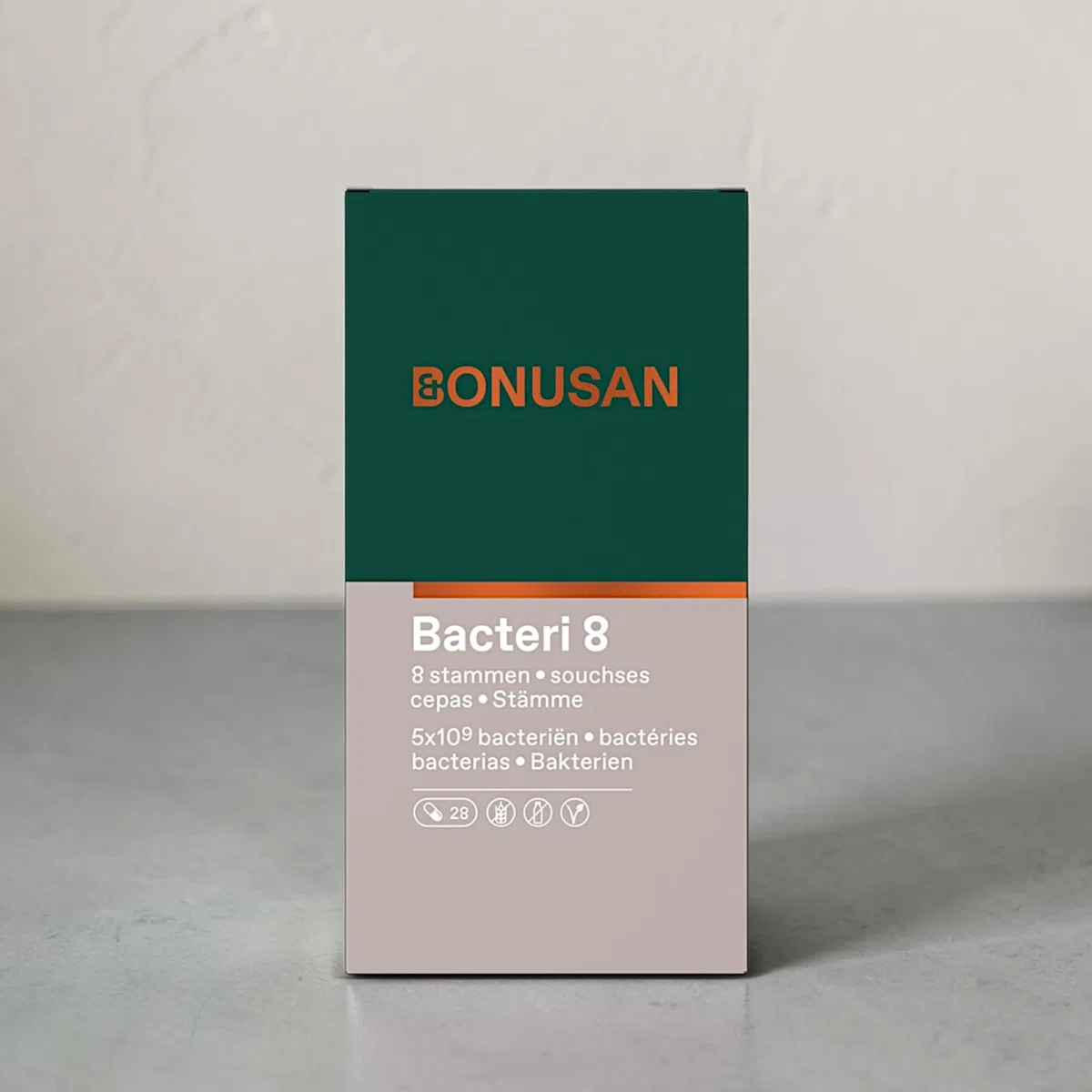 Bonusan Bacteri 8 de 28 Cápsulas - Complejo Probiótico de Amplio Espectro con 8 Cepas Bacterianas Seleccionadas - 5.000 Millones de Bacterias por Cápsula - Salud de la Flora Intestinal y Digestión