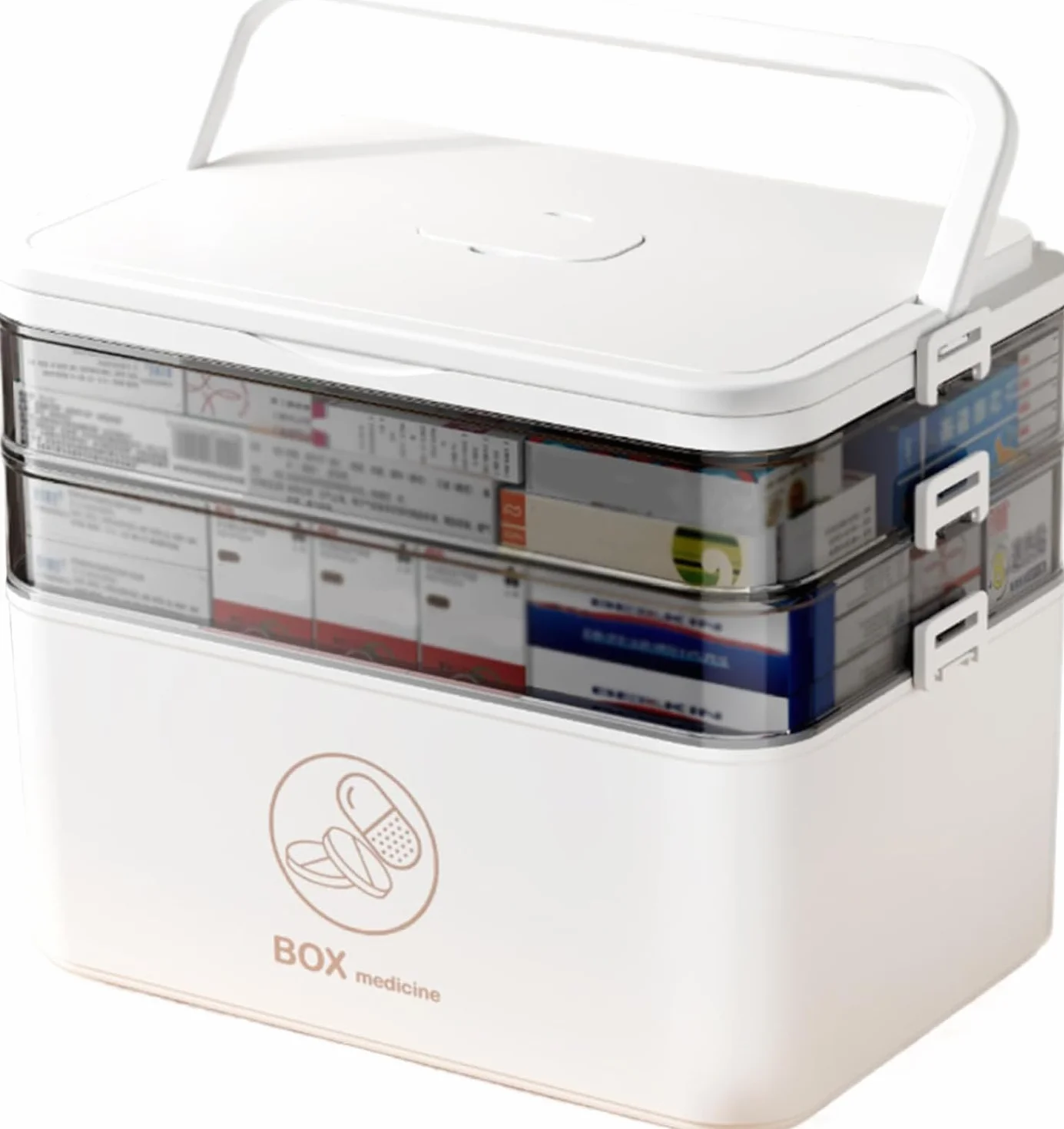 Caja para Medicamentos 3 Niveles Botiquín Casa Portátil con Asa Ergónomica Tapa Transparente Blanco 40,5x28x22 cm