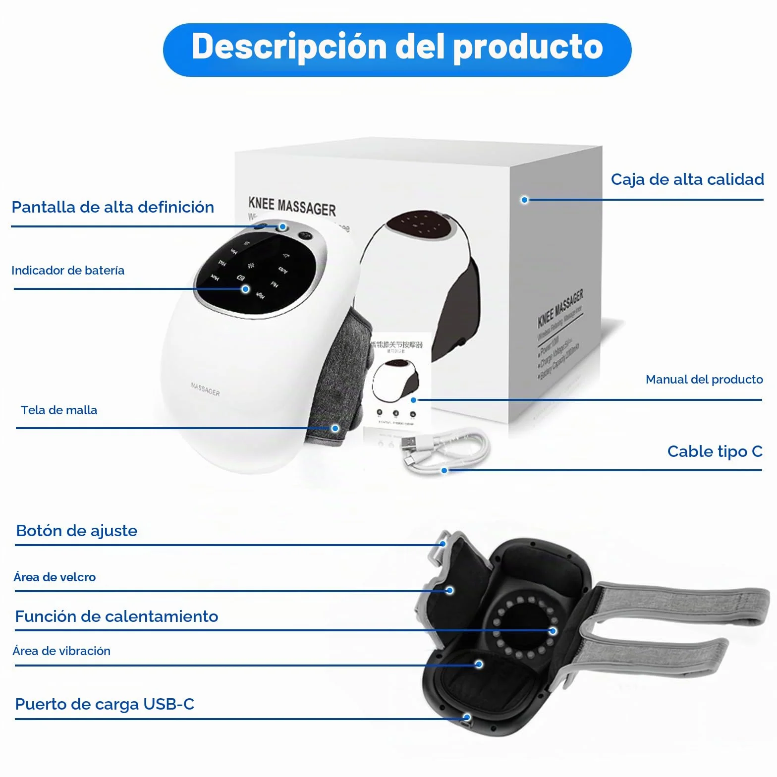 Masajeador de rodilla inalámbrico con pantalla multifunción,masajeador de rodilla infrarrojo con funciones de temperatura y vibración regulables para aliviar el dolor en las articulaciones de rodilla