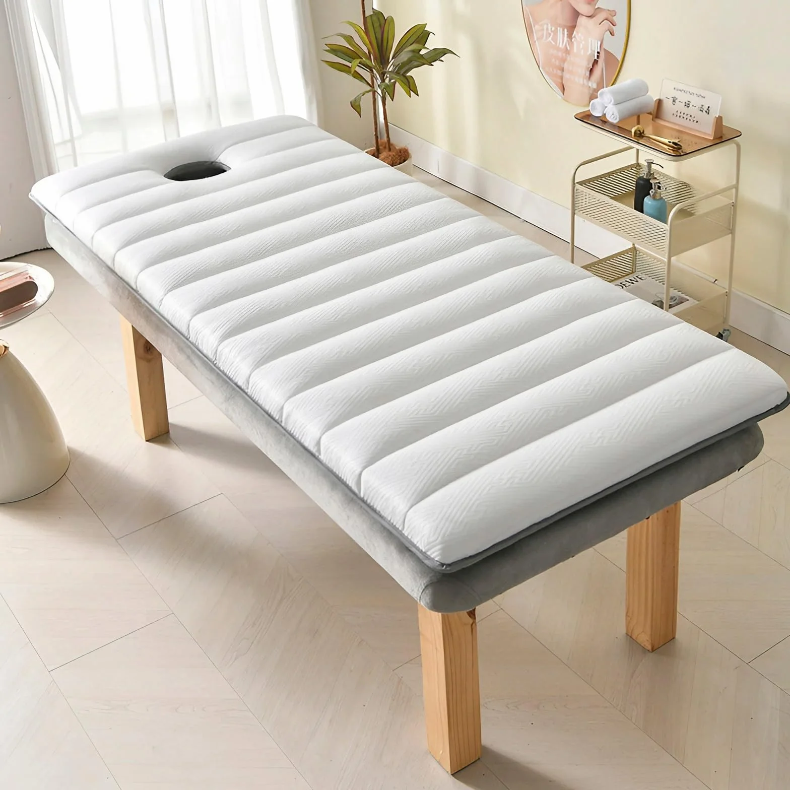 Colchoneta Antideslizante para Camilla de Masaje Espuma Viscoelástica Látex con Orificio 60x180x4cm Blanco