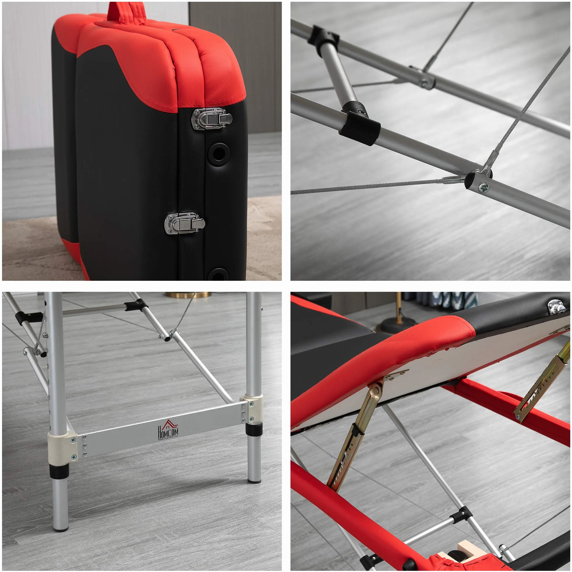 HOMCOM Camilla Masaje Plegable Aluminio Altura Ajustable 3 Zonas Tatuaje Fisioterapia Negro Rojo