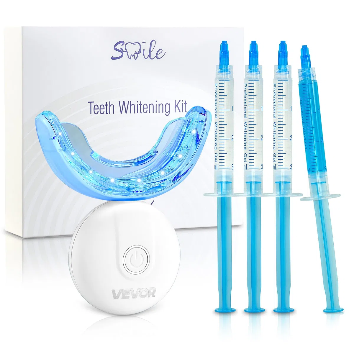 VEVOR Kit de Blanqueamiento Dental, con 32 Luces LED Aceleradoras, Jeringa de Gel, Gel Desensibilizante y Bandeja en Forma de U, Blanqueador Dental Portátil Para Eliminar las Manchas Difíciles