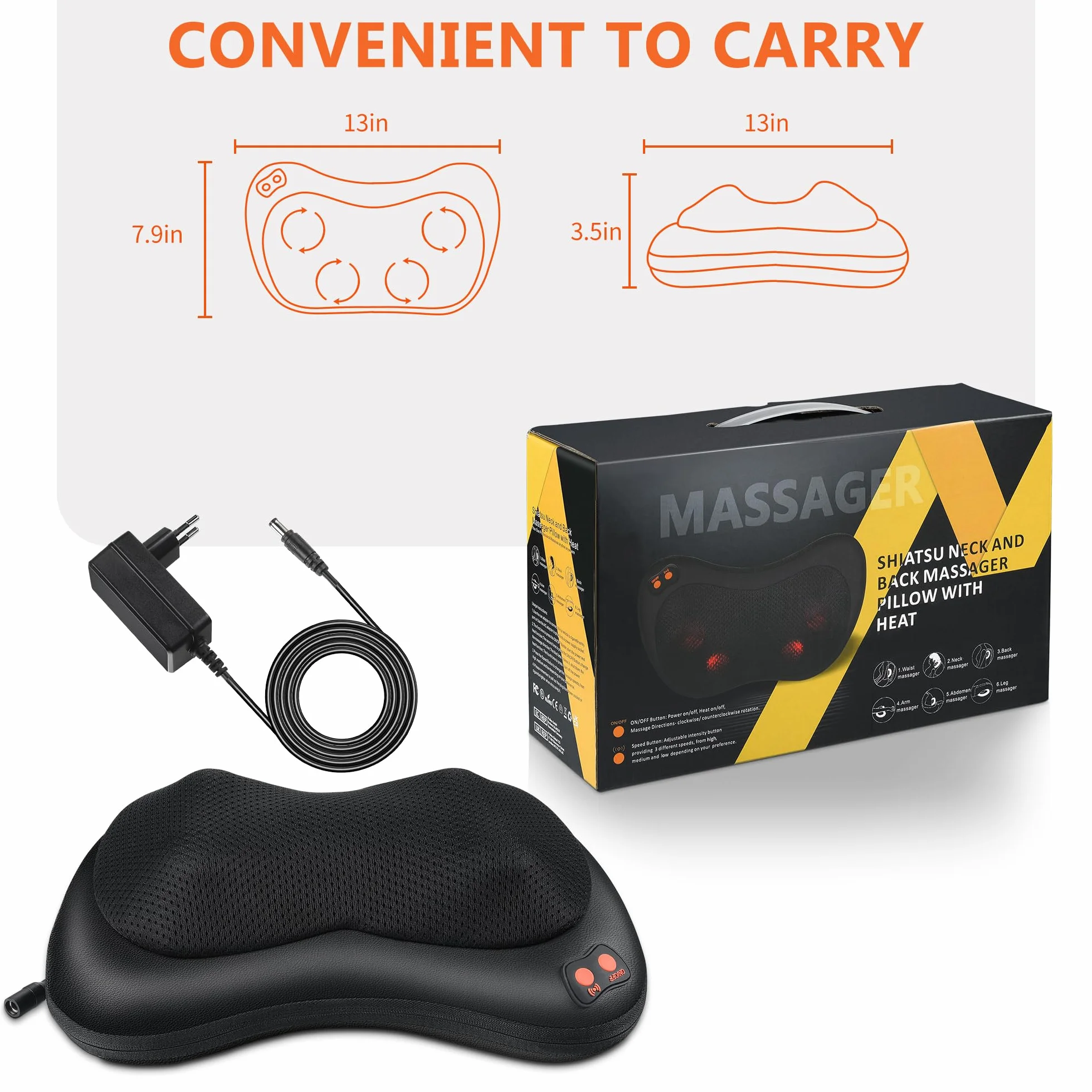 Cojín de Masaje Eléctrico Masajeador Shiatsu 3 Niveles para Cuello Hombros Espalda