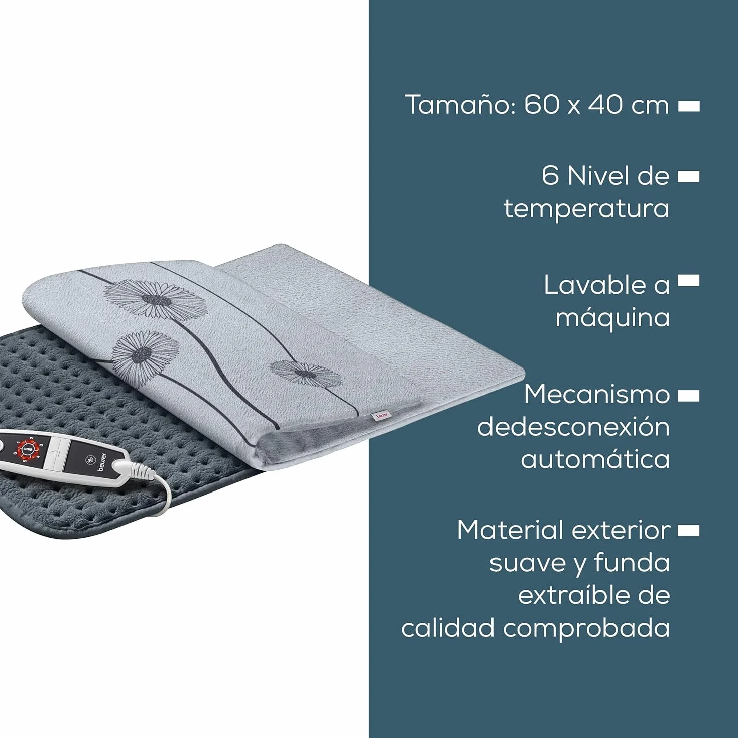 Beurer HK 125 Almohadilla eléctrica XXL, 6 ajustes temperatura, desconexión automática, lavable, 60x40 cm