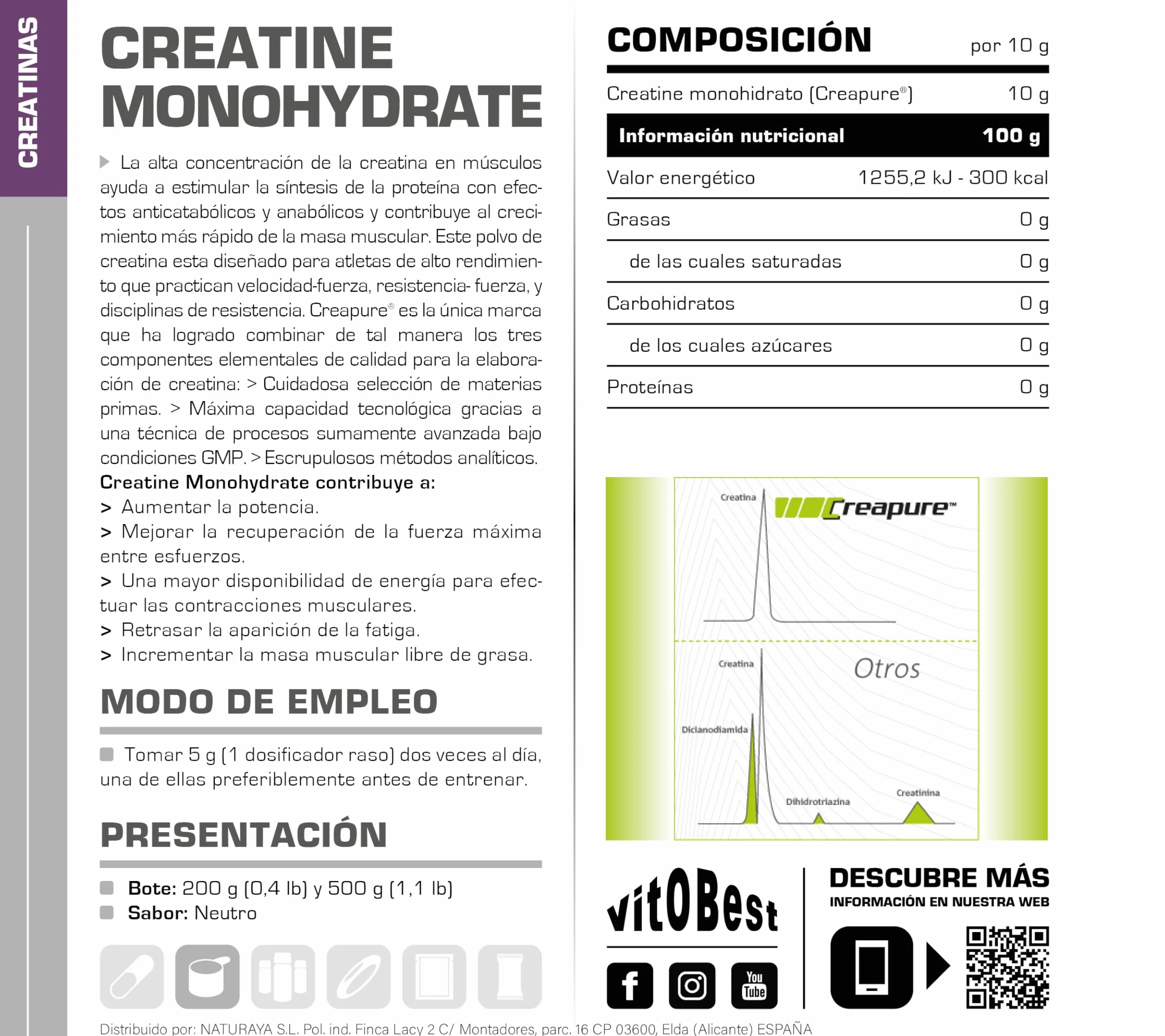 VITOBEST Creatina Monohidrato Creapure 500 g Sabor Neutro