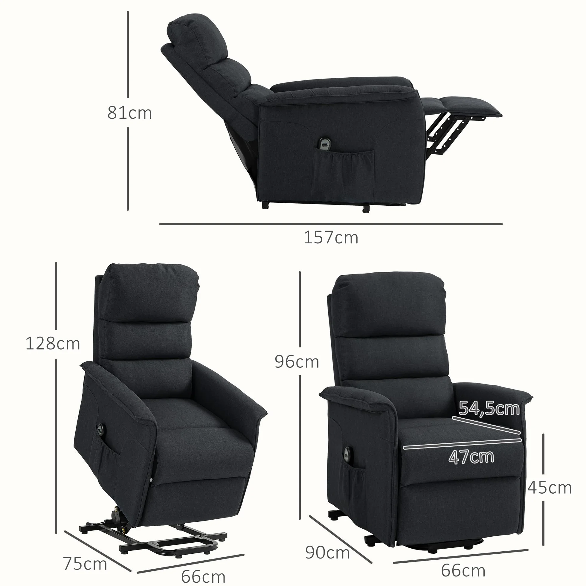 HOMCOM Sillón Relax Reclinable Eléctrico Levanta Personas, Sillón Elevador con Control Remoto, Reposapiés, Tapizado en Lino, Negro