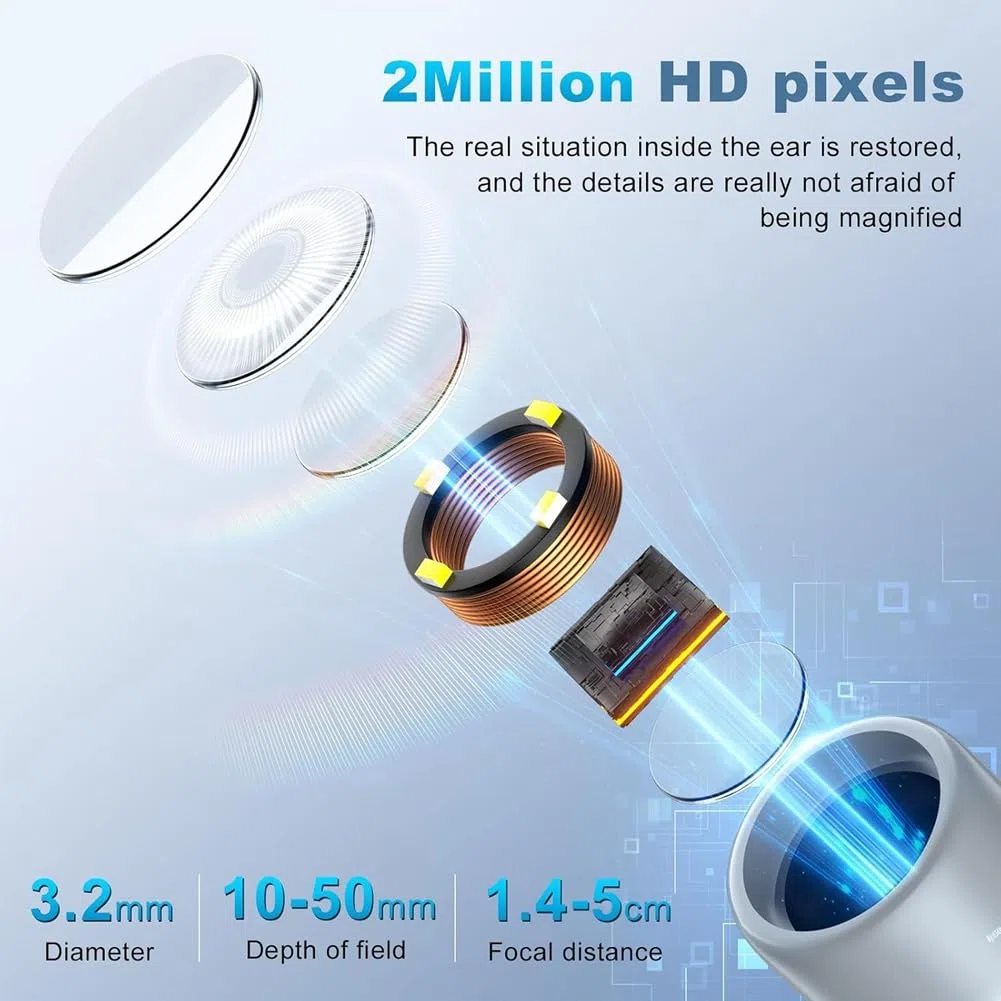 Otoscopio Inalámbrico con Cámara HD de 1080p y 4 Luces LED. Pantalla IPS de 1,38 Pulgadas. Cámara con Cabezal de Inspección.