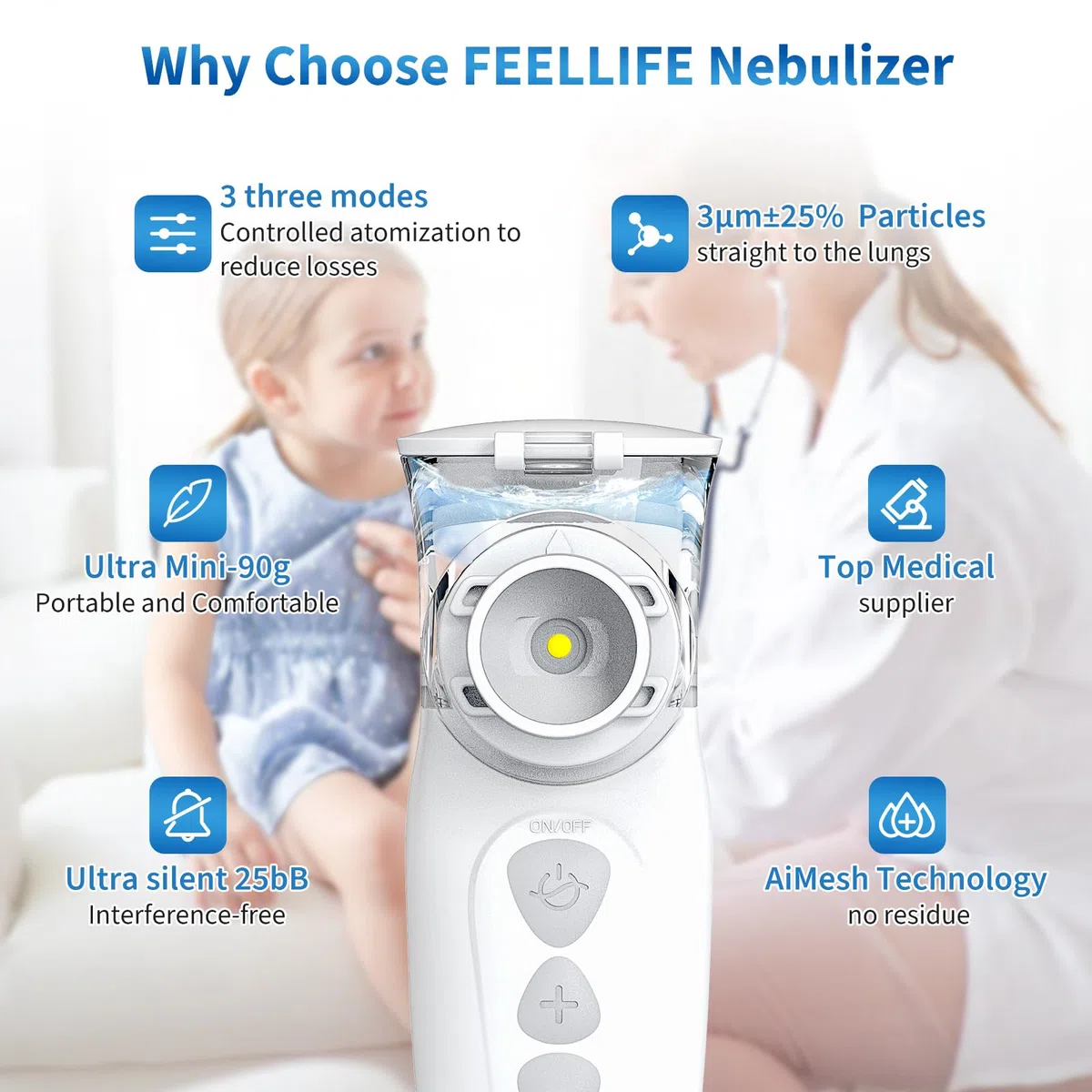 FEELLIFE Nebulizador Portatil Tasa de Atomización Ajustable, Nebulizador Adultos y Bebe para Tratamiento de Tos Asma, Enfermedades Respiratorias, Nebulizador malla vibración Silencioso