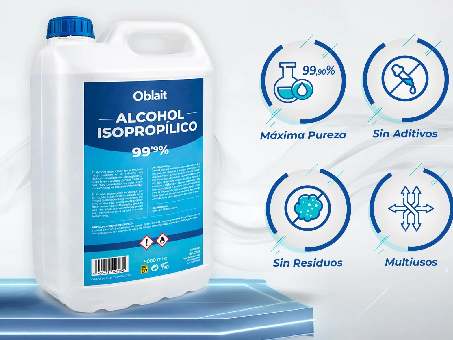 Alcohol Isopropílico 99,9% Puro 5L | Isopropanol | Limpieza de Componentes Electrónicos, Limpia Contactos, Objetivos, Superficies | Isopropyl Alcohol
