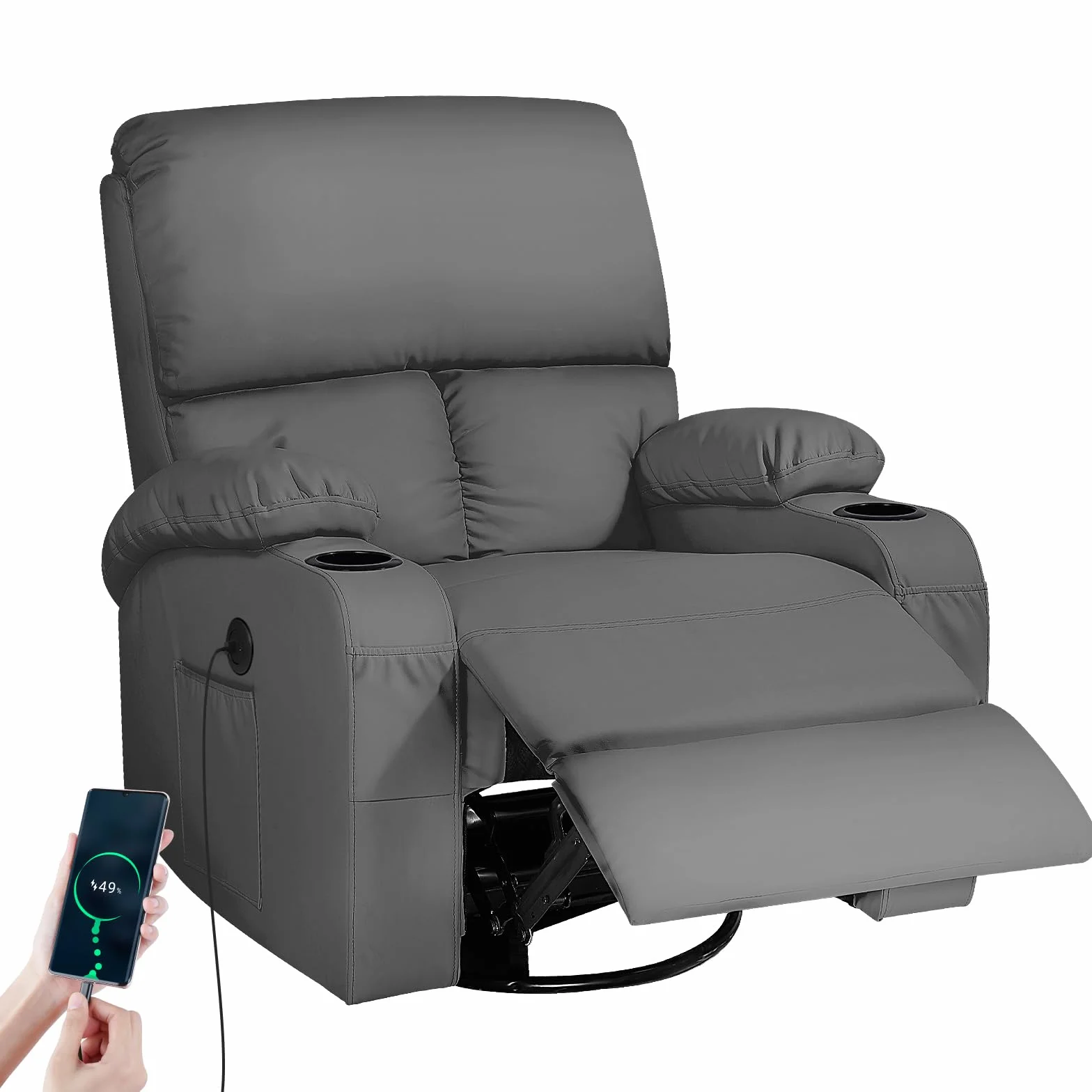 Sillón de Masaje Reclinable Rocking con Vibración y Calor, Giratorio 360°, Piel Sintética, Gris Oscuro