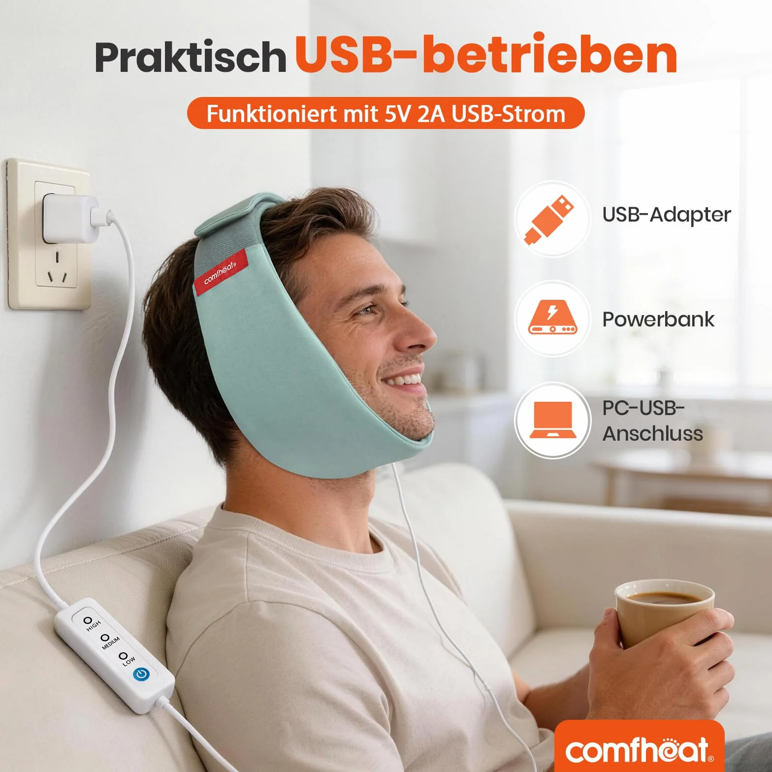 Máscara de calefacción facial USB para TMJ, 3 ajustes de calor ajustables