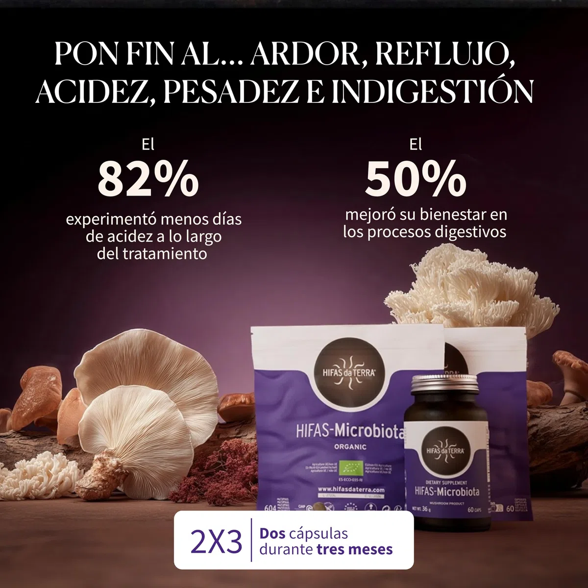 HIFAS DA TERRA - HIFAS-Microbiota Extractos de Hongos Puros de Reishi, Melena de León, Pleurotus y Shiitake para el Bienestar Digestivo con Efecto Prebiótico - Bote 60 Cápsulas
