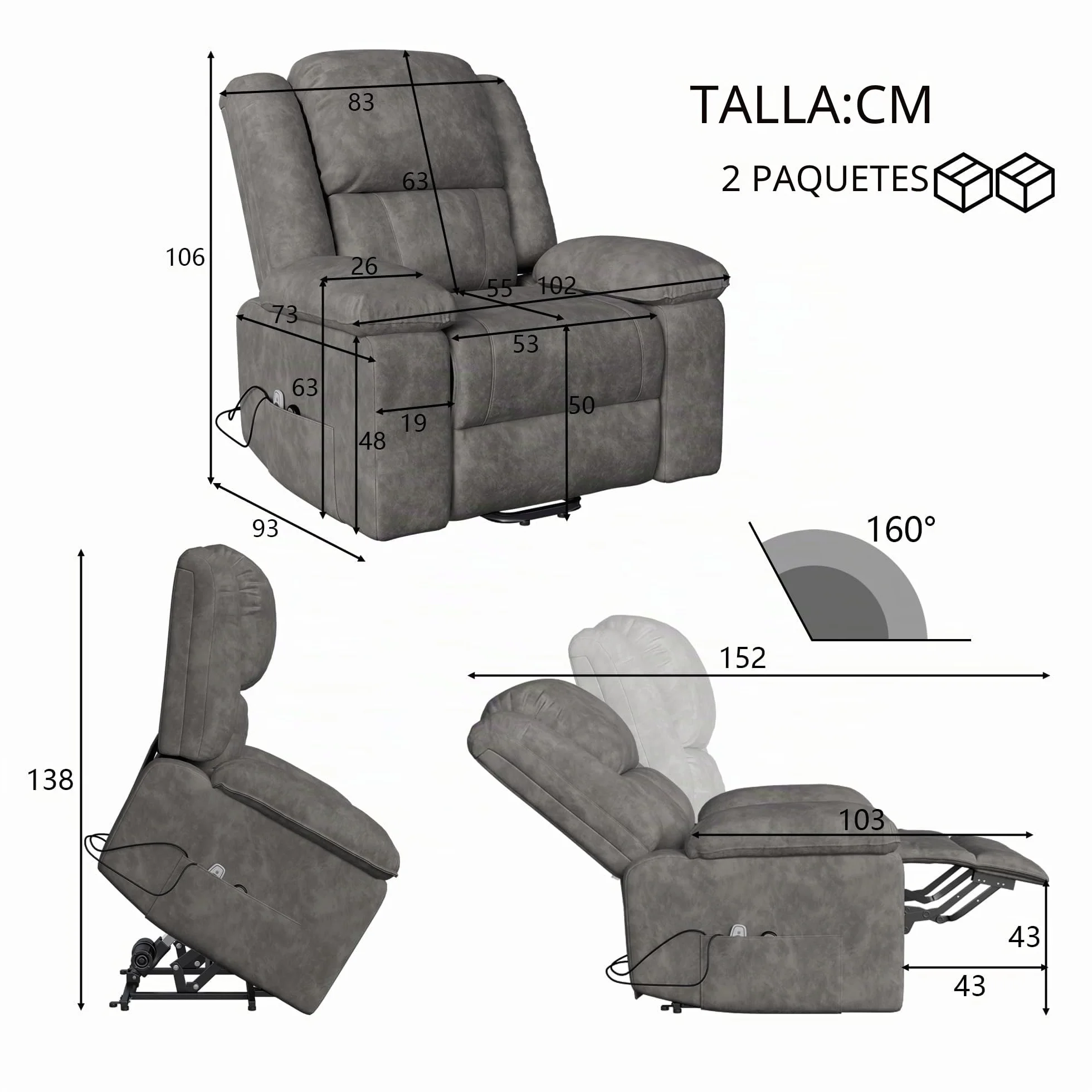 Silla de Masaje Eléctrica Relax con 8 Zonas de Masaje y 2 Puntos de Calor Reclinable Gris