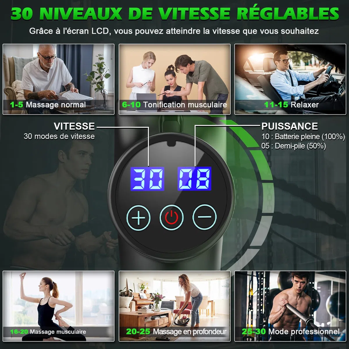 ALDOM Pistola de Masaje Muscular, Massage Gun Masajeadora Músculos Profesional y Carga Tipo C, 30 Niveles Ajustables, Silenciosos, 8 Cabezales Masajeador
