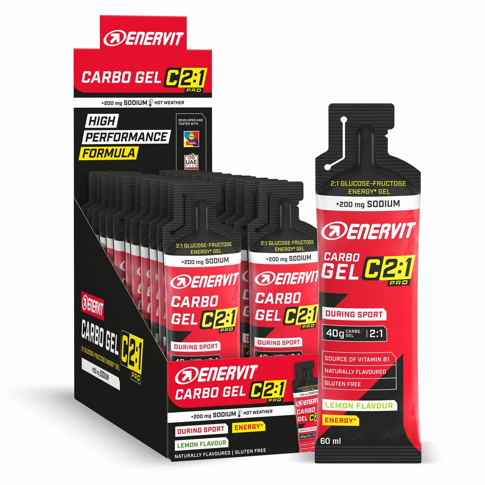 Enervit Carbo Gel C2:1PRO con Sodio, Gel Energético 40g Carbohidratos, Sabor Lima, Sin Gluten, 24 Pack x 60ml