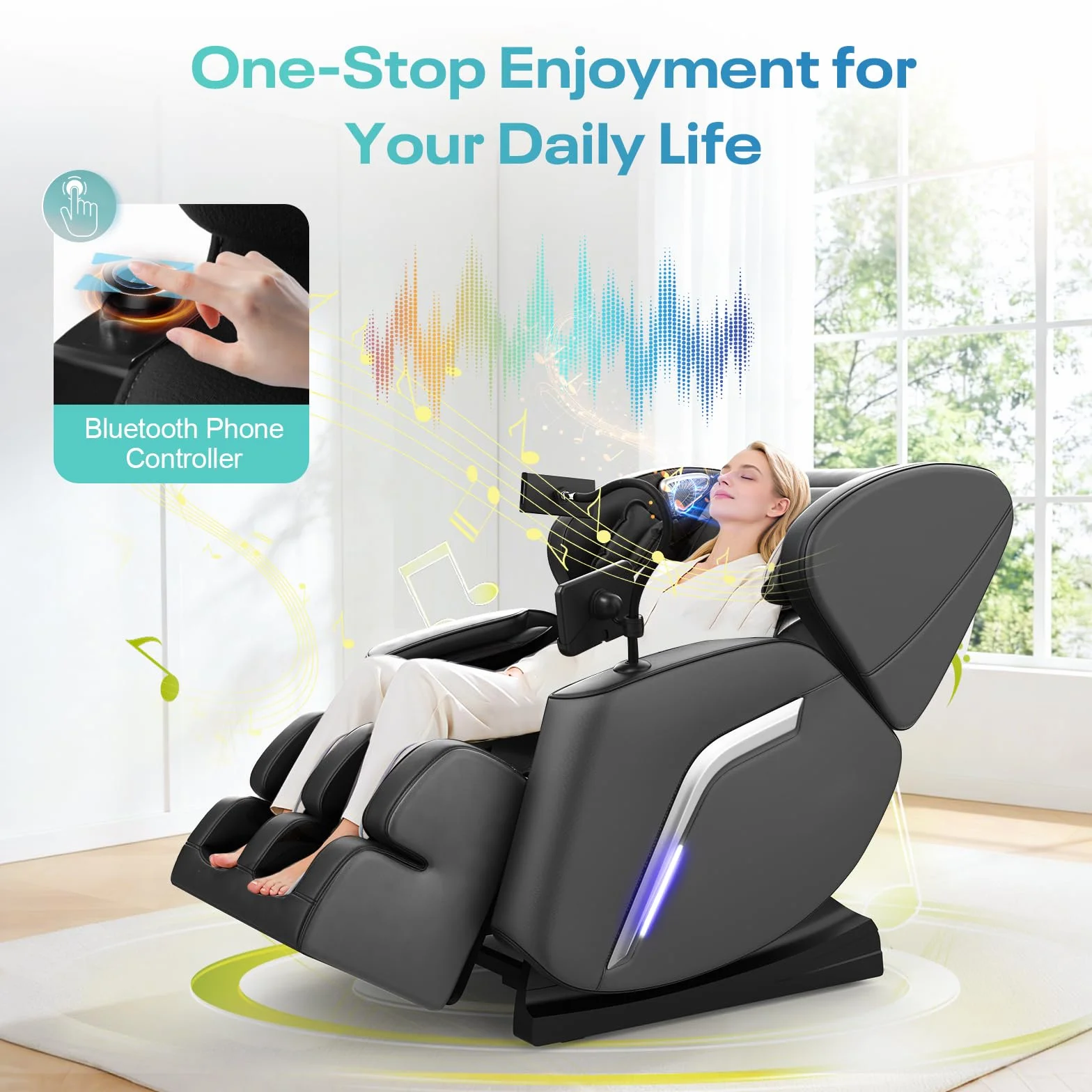 Sillón de Masaje con Calor, 14 Rodillos, 9 Bolsas de Aire, Masaje de Pies, Bluetooth, Control por Teléfono, Panel Táctil, Reclinable Gravedad Cero