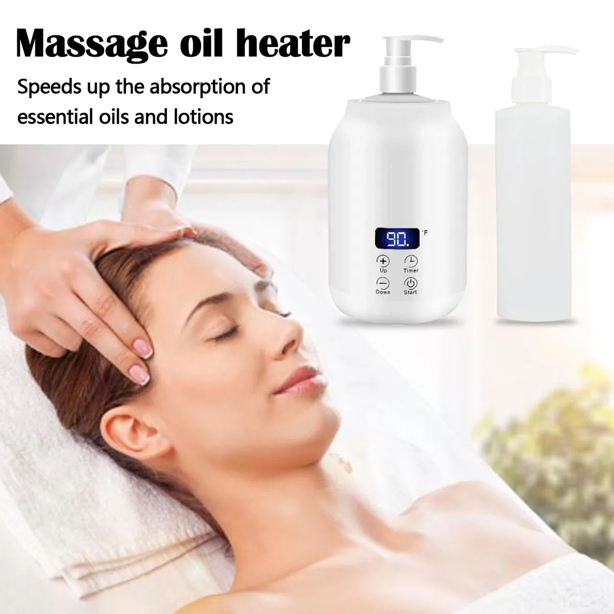 Calentador Aceite Masaje, Temperatura Ajustable 30-65 Grados Masaje de Bienestar Juego de Aceite de Masaje con 2 Botellas Internas de Plástico para Aceites Esenciales Masaje de Espalda