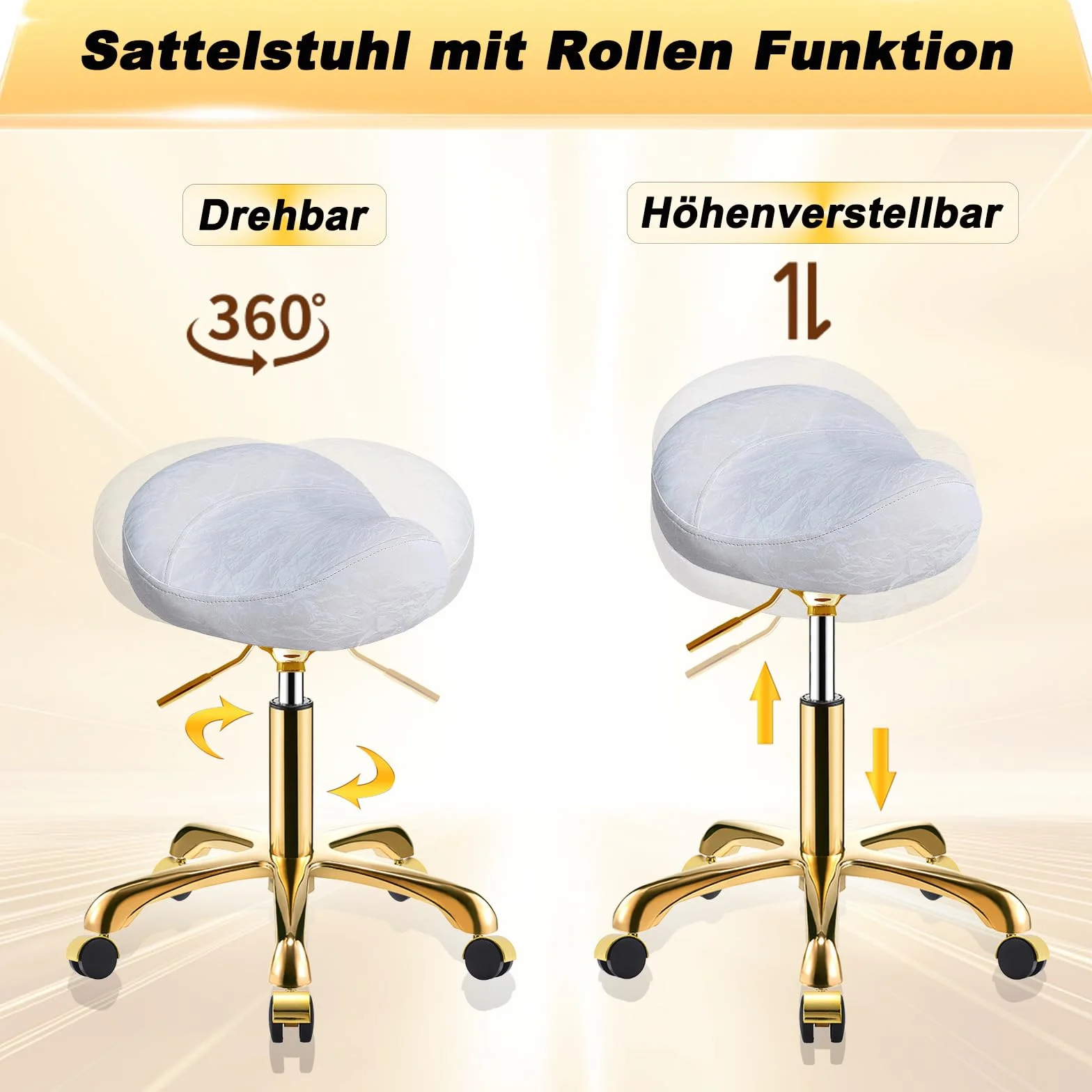 Dorado Taburete de Montar con Ruedas, Silla Tocador Banqueta Regulable, PU Cuero Patrón Glacial Giratoria para Salón y SPA, Oro y Blanco
